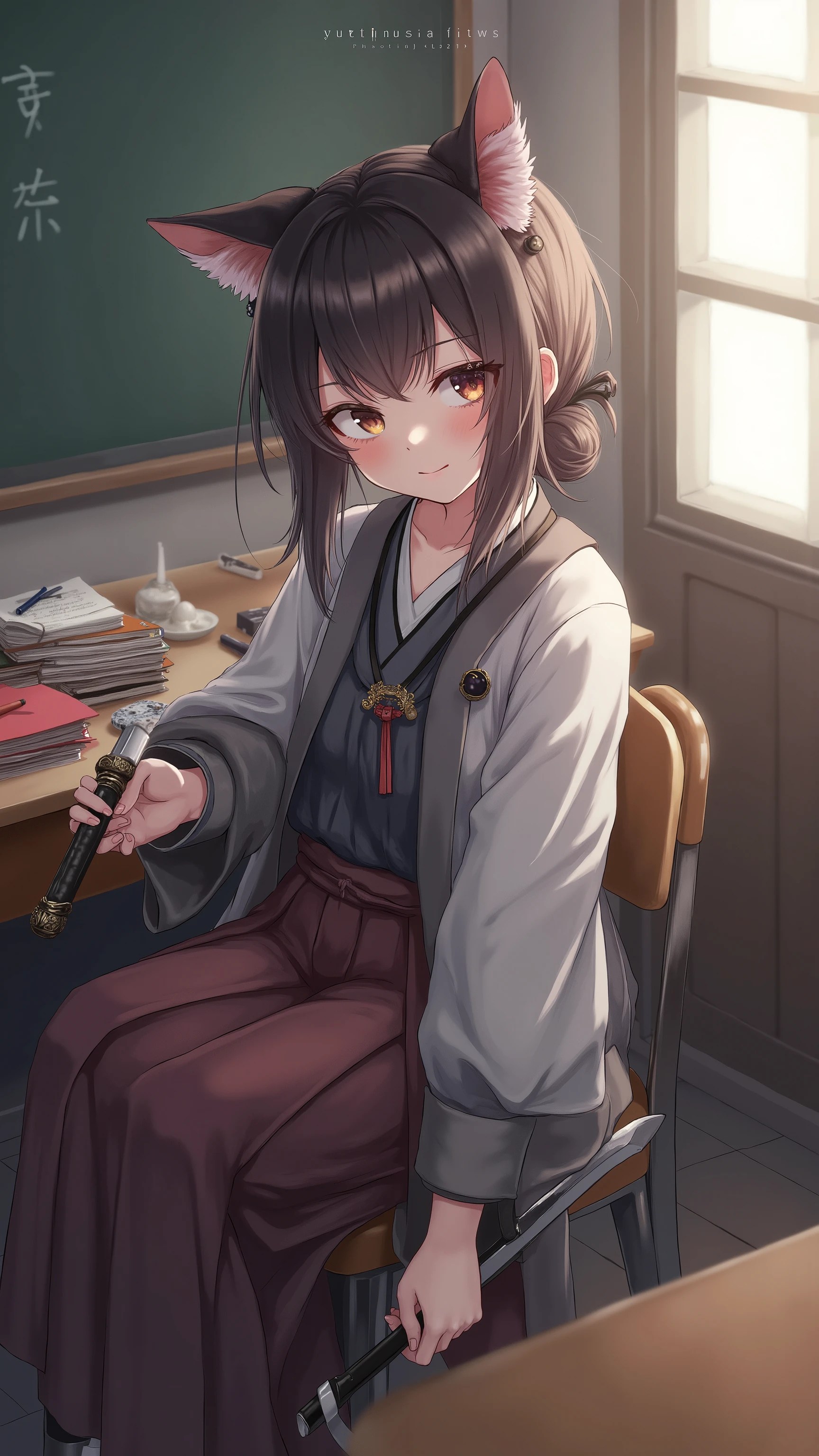 high-definition images、Neko Musume is sitting on a chair in the classroom.、with a haori hakama、textbooks and notebooks on the desk、But with a sword and a shuriken in one hand,