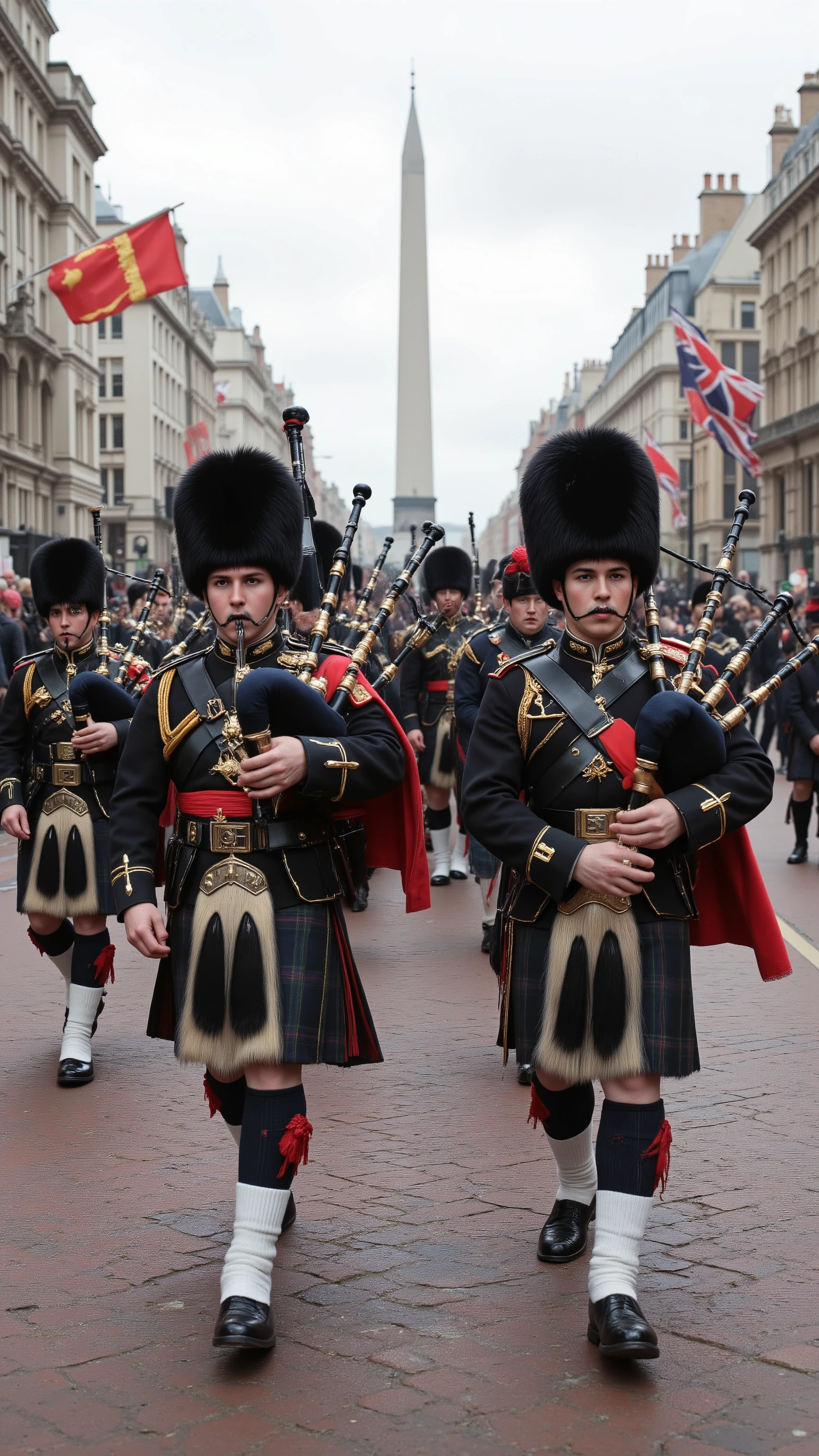 high-definition images、in military uniforms while blowing bagpipes on the streets of London、Guards man and woman marching、Parade