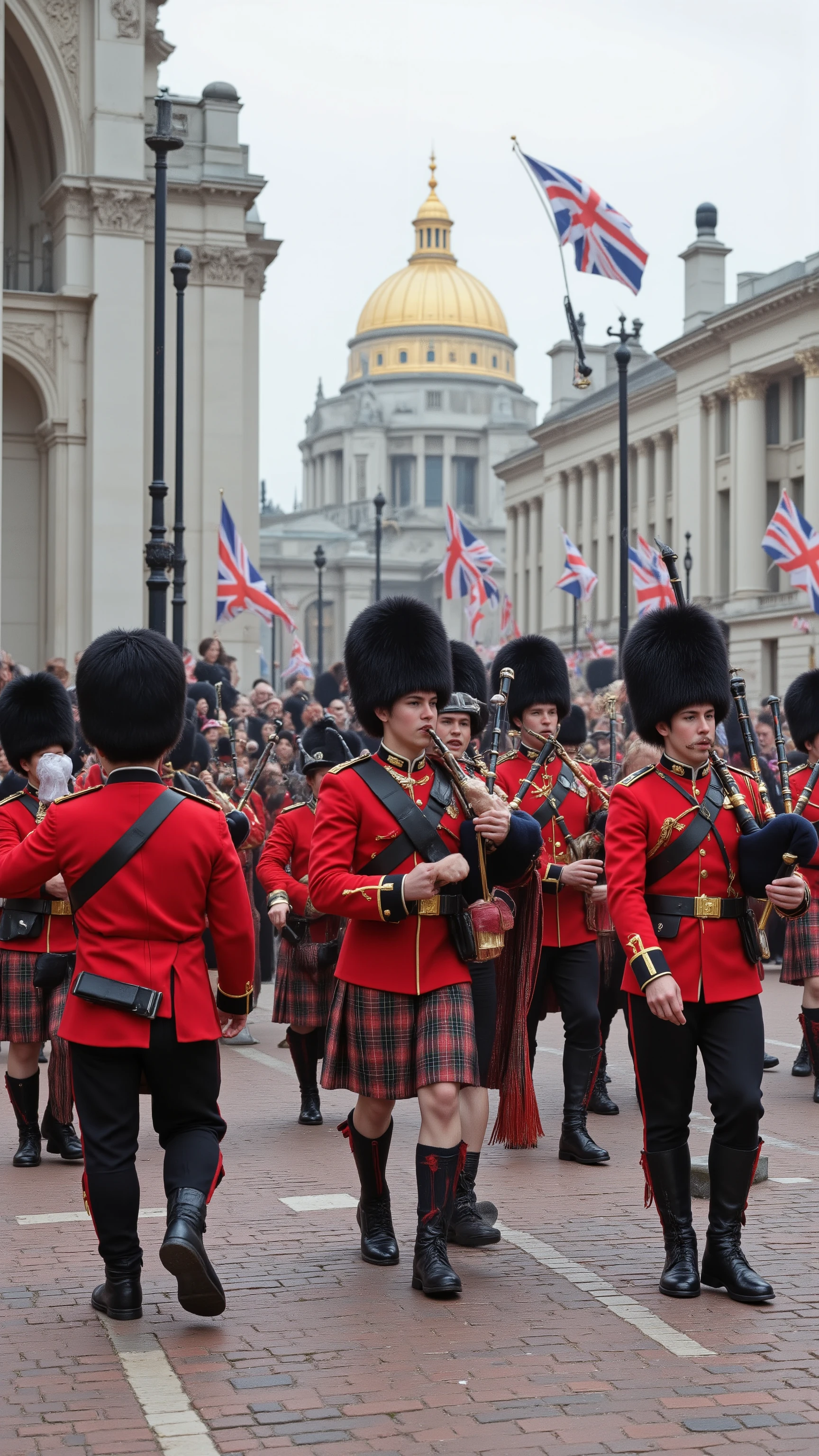 high-definition images、in military uniforms while blowing bagpipes on the streets of London、Guards man and woman marching、Parade