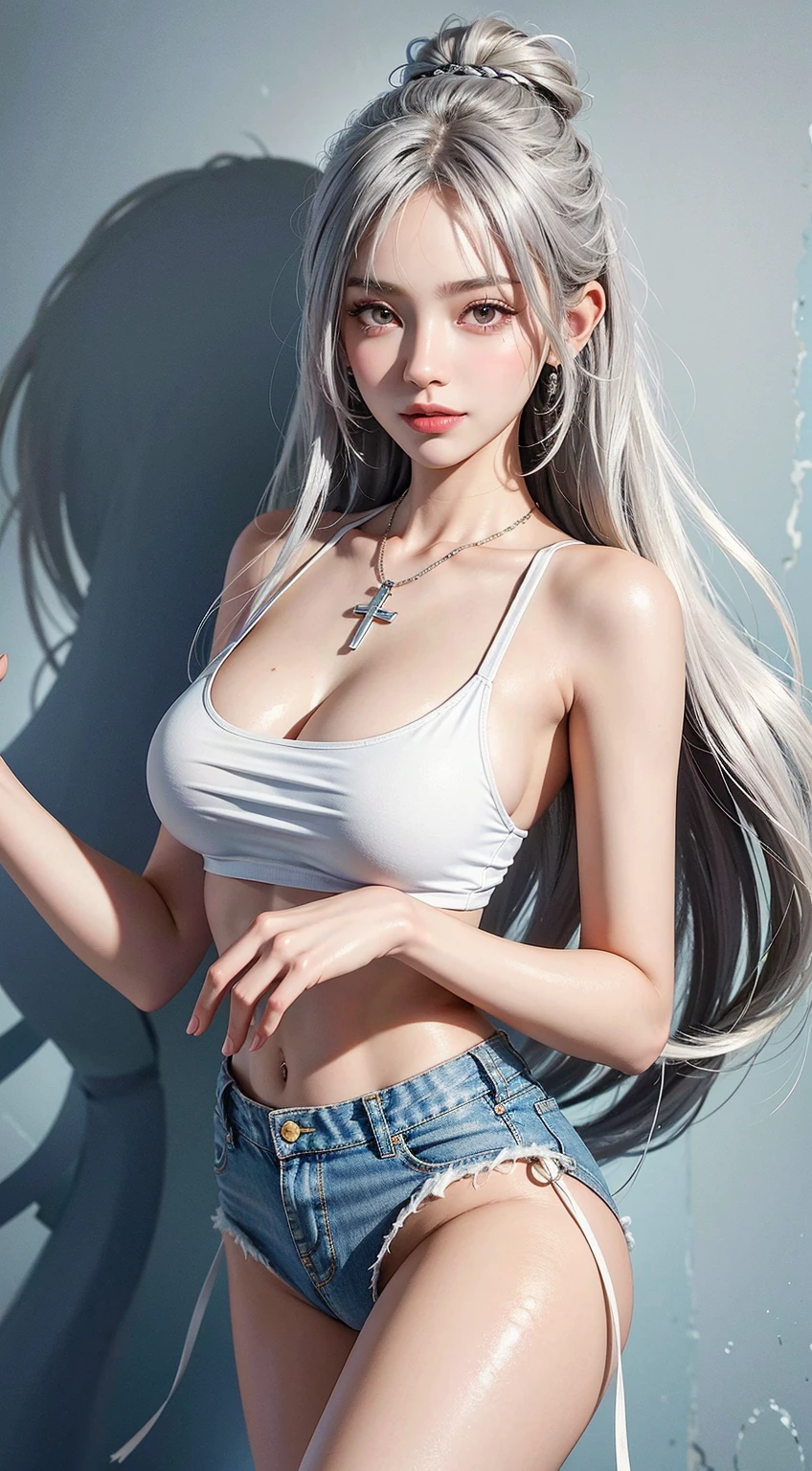 photorealistic, high resolution, 1women, solo,  up, look at viewer, (detailed face), white hair, long hair, micro-bikini, jewelry, belly tattoo