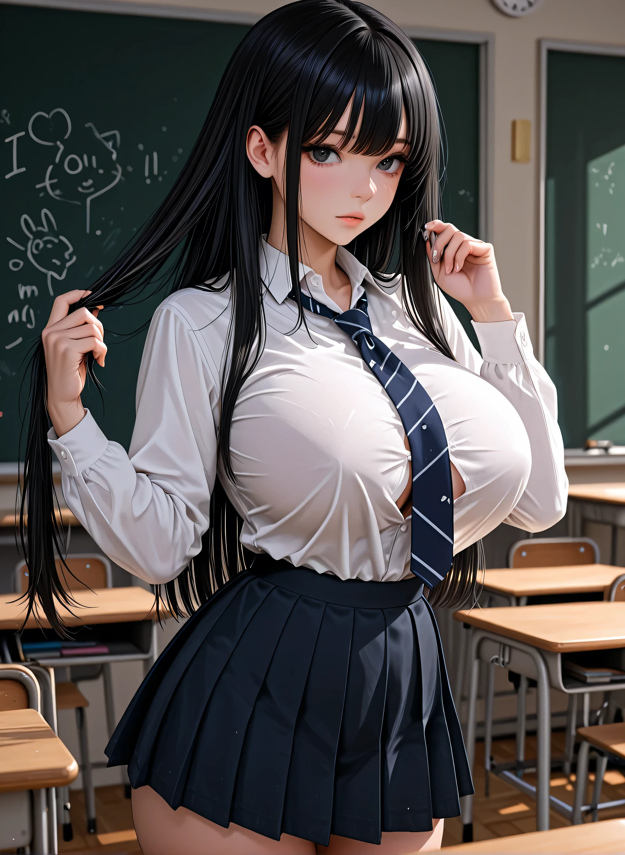 schoolgirl、classrooms、big boobs、Black hair straight hair、((((I'm scraping up my hair with my hands))))、miniskirt、(night)、No expression、Diagonal Composition、(((glance)))