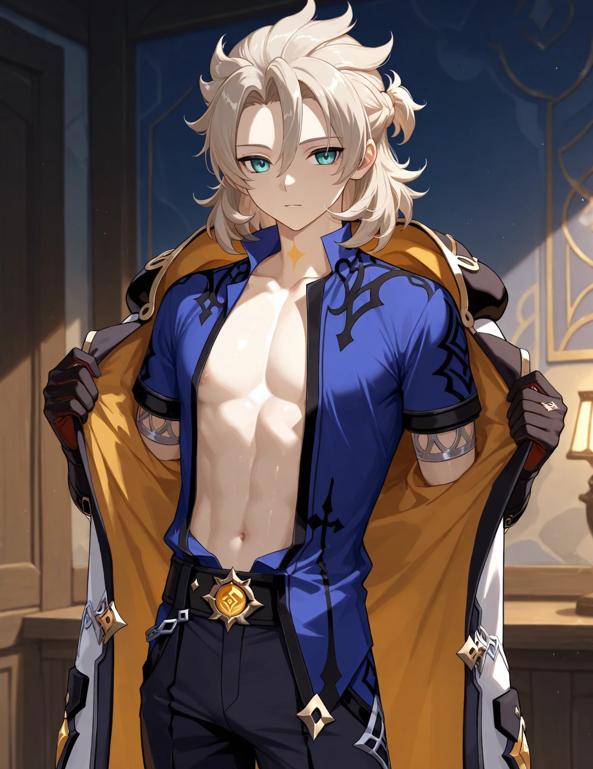 Make the image of a male character by Genshin Impact, he has medium blonde hair, muscular body, wears a black coat and has yellow eyes 