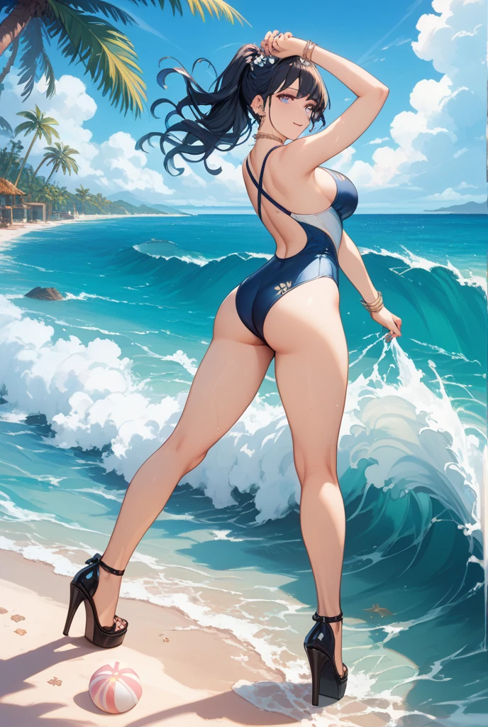 ((Highest quality、masterpiece、8K、Realistic、超High resolution、Very delicate and beautiful、High resolution、Cinema Lighting))、hourglass figure:1.6、At the sea in the moonlight、((A woman is combing her hair:1.6)), ((look back:1.6)), She has long hair、The hair is wet with water drops。(Fascinating swimwear design:1.8、Drops of water glisten on her back)。In the background you can see the clear blue sky and the moon.、The surface of the water is undulating、shining brightly。The woman's pose is natural and relaxed.、The overall atmosphere is like a refreshing summer day.、Big Breasts