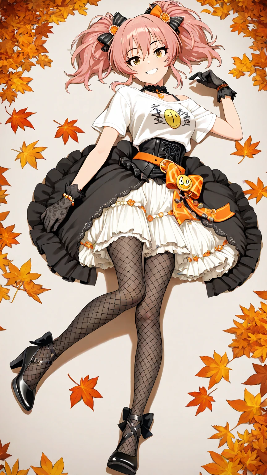 (( A girl)), The Idolmaster Cinderella Girls, Jogasaki Mika , masterpiece, the white capuchaie t-shirt, professional photography, full body, smiling,  Wear an elegant and striking gothic-festive dress: black corset with lace details, shoulders uncovered, wrist-length black gloves, One hand with a playful gesture and the other one rests relaxed {x} wide and fluffy skirt in layers with ruffles oranges and blacks decorated with orange flowers. She wears a wide orange belt tied in a bow, black fishnet tights and black heels. She has a headband adorned with orange flowers. The outfit is full of autumnal details, between dry leaves, cempasúchil flowers and shades of orange and gold. She is lying on her back on the ground, surrounded by autumn flowers and leaves. It has a slightly bent leg, The other one stretched to the side, while wearing a wide orange belt tied in a bow. Their expression is smiley and flirty, looking at the viewer directly.