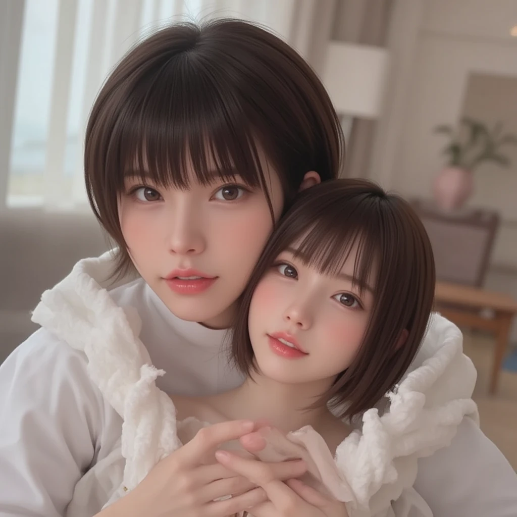best quality, RAW, detailed, photorealistic, 8k, high res, 1girl, woman, (), (portrait:0.6), gorgeous, ((whitebackground:2.4)), ((white tanktop, mediumsize round :1.5)), head straight-looking at viewer:2.2, (1girl eyes looking at viewer, short-length straighthair, blackhair, bangs:1.65), photorealistic, (bokeh), (closed mouth:1.3), gorgeous, pureerosface_v1,