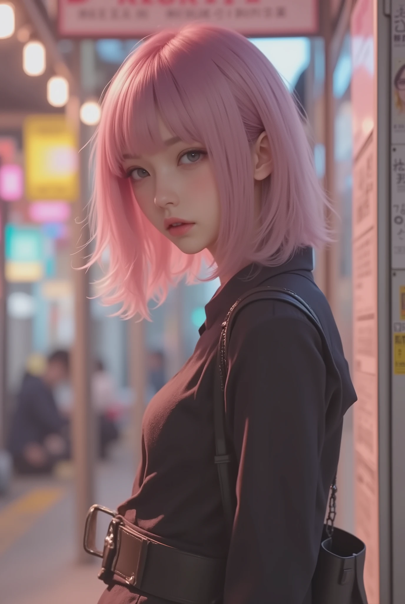Photo Real、Realistic Skin Texture、tight cyberpunk clothes、Fluffy Shoulder-Length Hair、dim cyberpunk city、beautiful pink eyes、pink hair、thinウエスト、Beautiful Standing、Equipped on a Belt、thin、style is good、Shoulder-width is not wide、The waist is wide、My chest is slipping down medium size