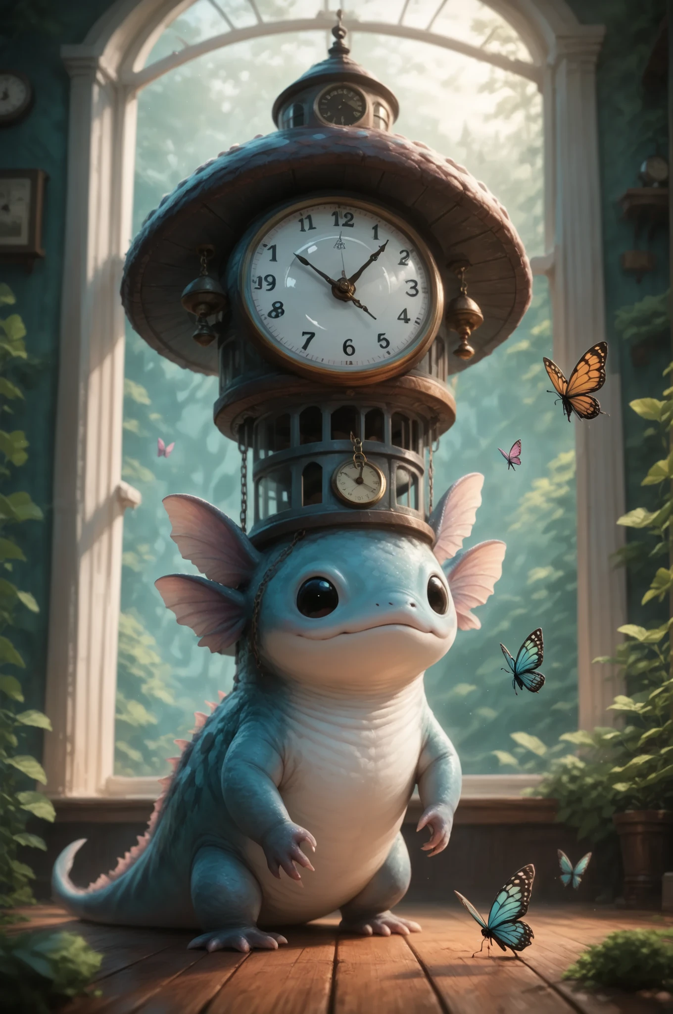 Inside of a clock tower, a large green and pink butterfly creature with anthropomorphic face flies near a pair of people working on clock mechanisms, the butterfly holds a small nut