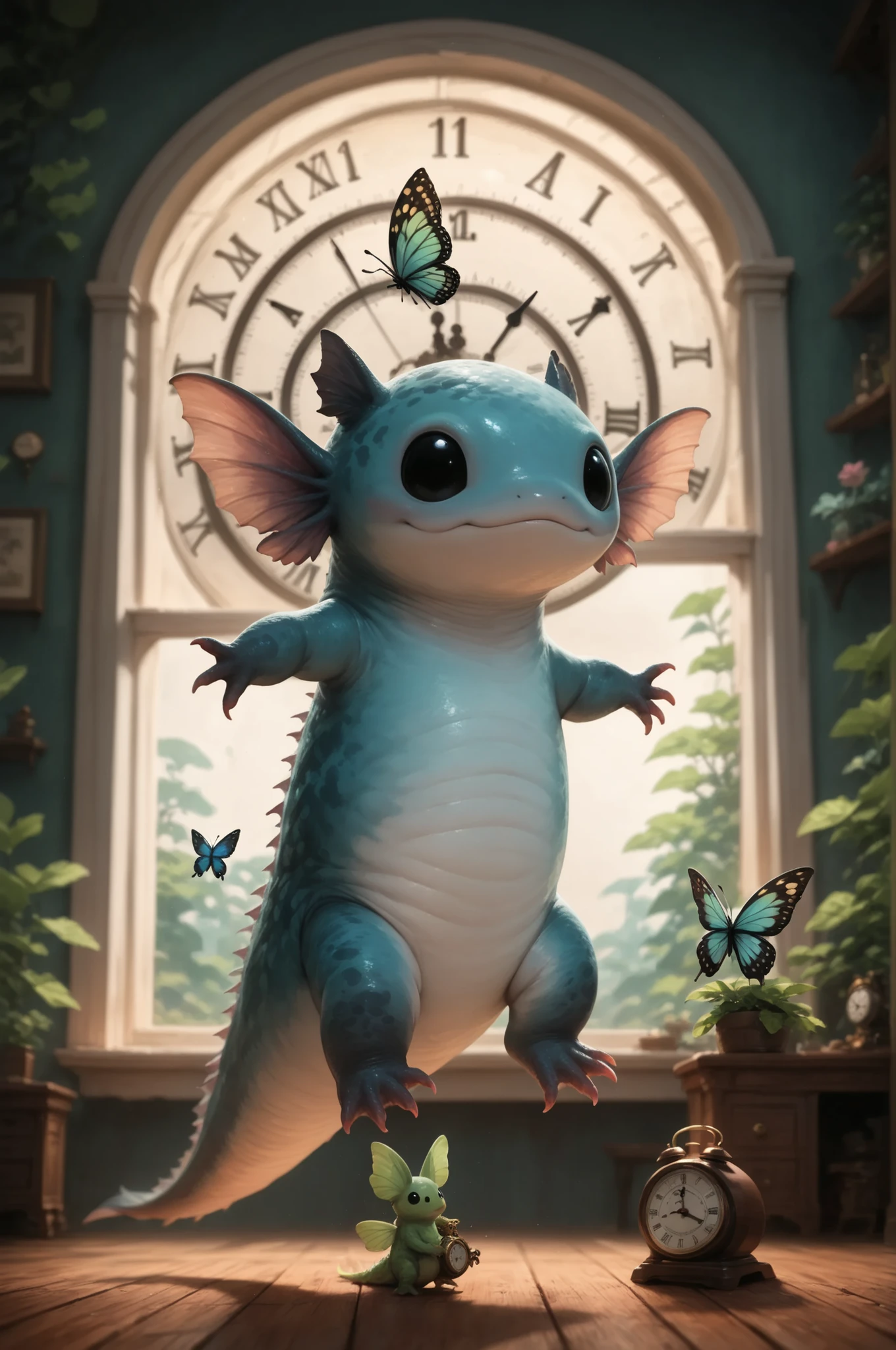 Inside of a clock tower, a large green and pink butterfly creature with anthropomorphic face flies near a pair of people working on clock mechanisms, the butterfly holds a small nut