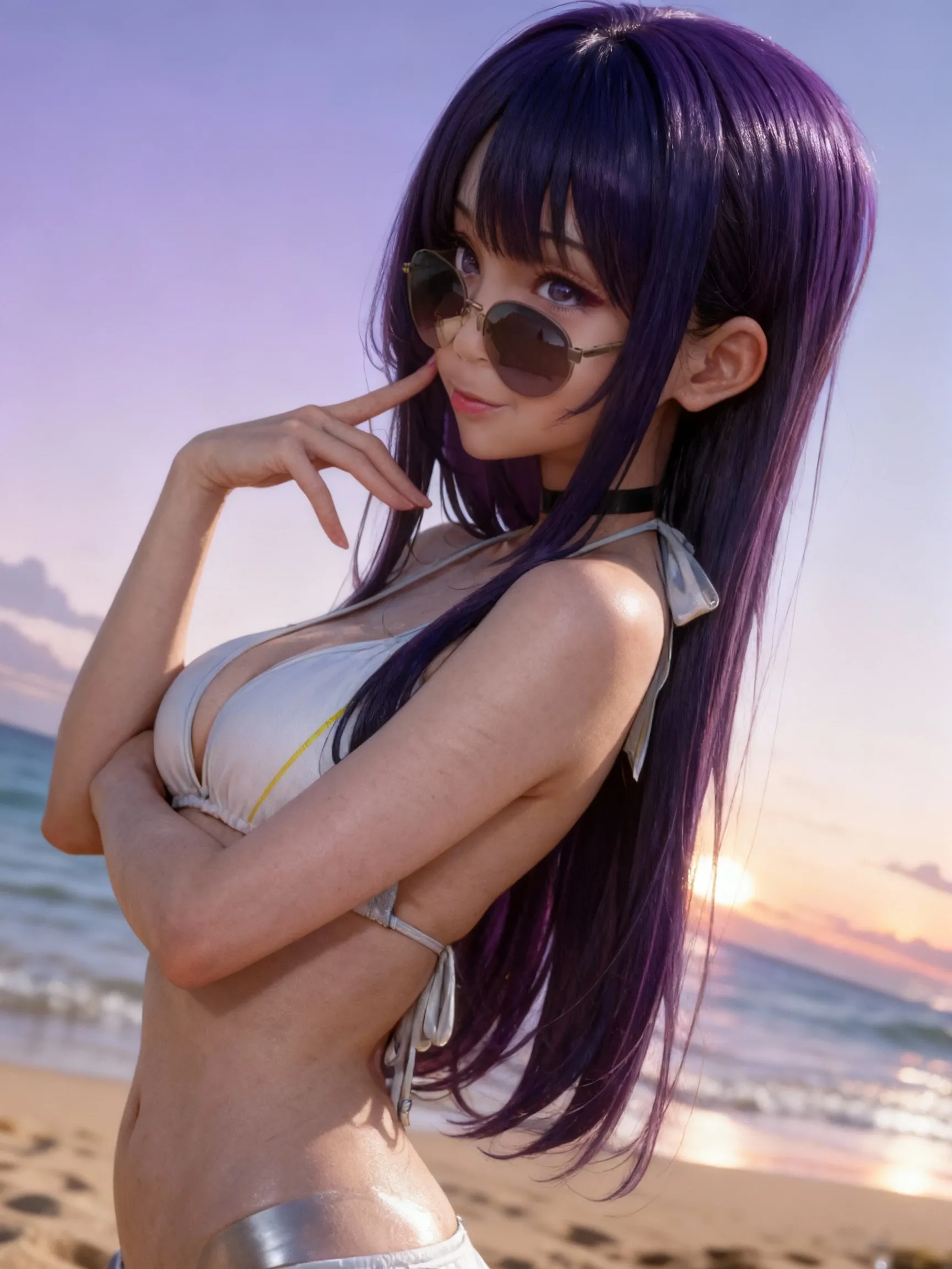 I want to be a powerful figure behind the scenes！,delta,Black purple hair,long hair,Cat ear,Aligned bangs,Beautiful purple eyes,Beautiful white skin,Photorealistic,Ultra HD,high quality,masterpiece,Digital SLR,Detailed details,Intricate details,Anatomical basis,Depicted in detail,A detailed face,Realistic skin texture,Vivid details,Perfect Anatomy,Perfect Anatomy,Anatomically correct hand,Anatomically correct fingers,Super Detail,Complex 3D rendering,Sexy pose,tail,Wet,Beautiful night sky,A beach with a beautiful starry sky,Fantasy worldview,Picturesque,Pink Lips,smile,