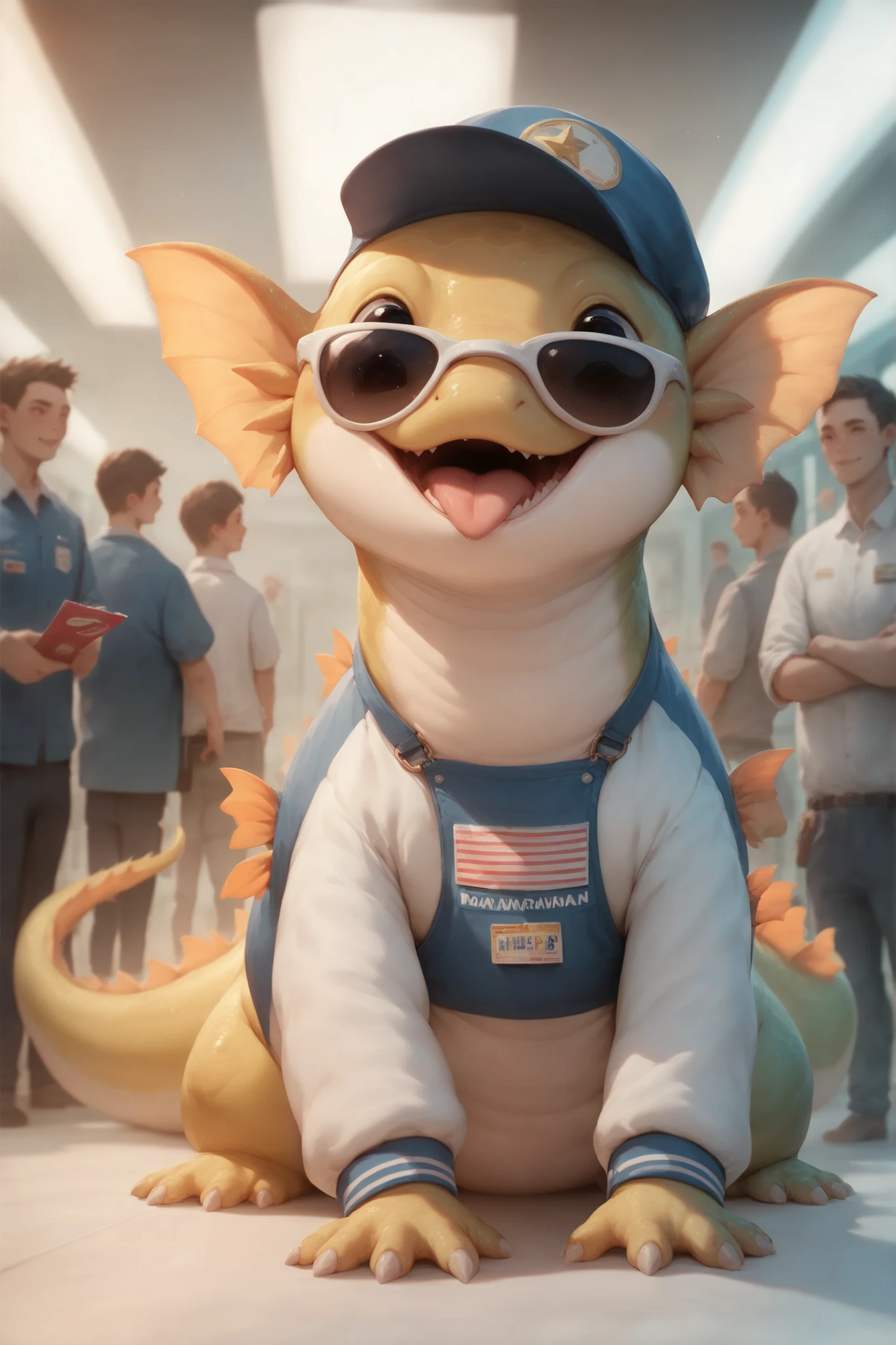 Inside of an airport a blue and yellow reptile that is extremely cute walks along the ticket counter, a partially eaten ticket hanging out of the mouth, people point at the animal with astonishment, many wear leather others wear airline uniforms