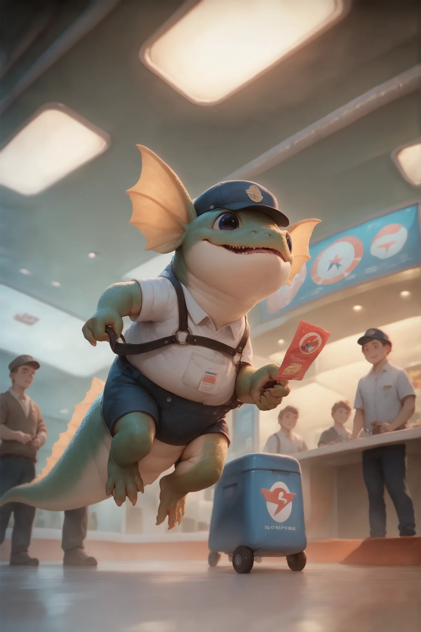 Inside of an airport a blue and yellow reptile that is extremely cute walks along the ticket counter, a partially eaten ticket hanging out of the mouth, people point at the animal with astonishment, many wear leather others wear airline uniforms