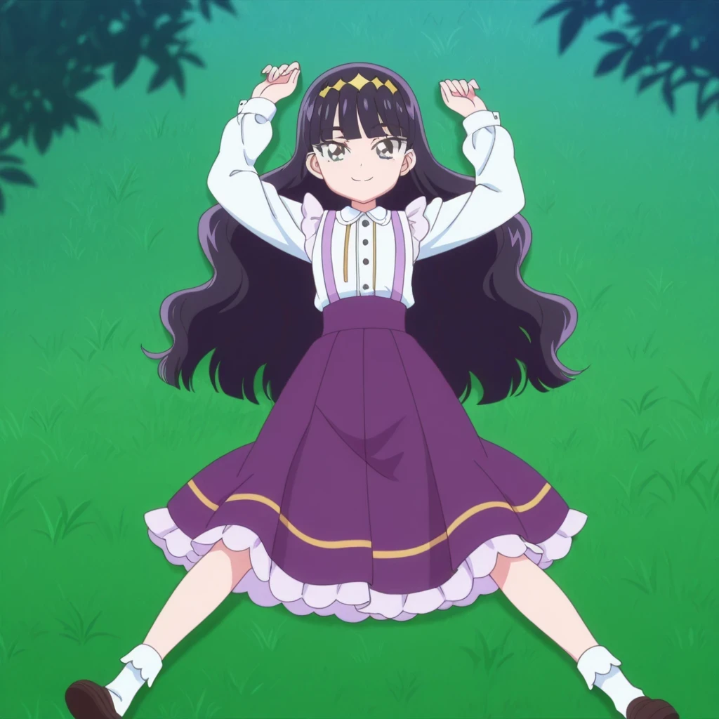 Amane, dark violet hair, long_hair, wavy hair blue_eyes, hair_ornaments, small_breasts, blunt bangs, anime screencap, white shirt, purple skirt, suspenders, high quality, solo, lying, on back, arms up, , closed mouth, grass, full body, medium shot, looking at viewer, smile, best quality,