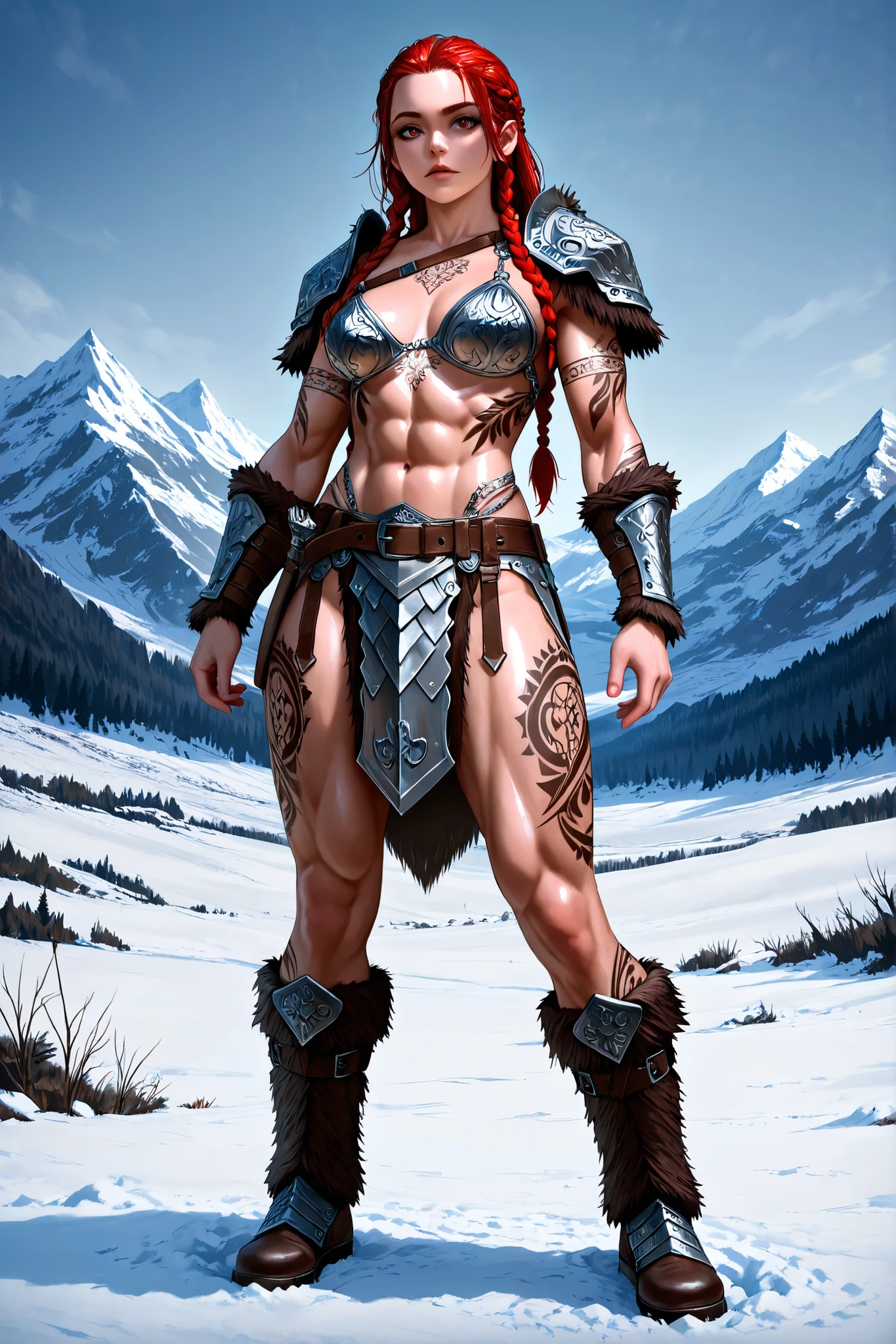 Beautiful Northen dwarf warrior Female, Fair Skin, Long red Braided hair, two braids, celtic tattoos, fur boots, ornate metal bikini armor, leather stripes loincloth, leather belt, on a snowy mountaintop, amazing beautiful athletic toned body, Ominous, Dark Fantasy, Detailed,  Digital Art, Extreme Detail, 4k, Ultra Hd, Polished, Beautiful, Hyperdetailed, Intricate, Elaborate, Meticulous, Anime Character, Detailed, Sharp Focus, Digital Illustration, Digital Illustration, Sensual Pose, Suggestive Pose, Full Body Shot, anatomically correct 💖❤💕💋❣