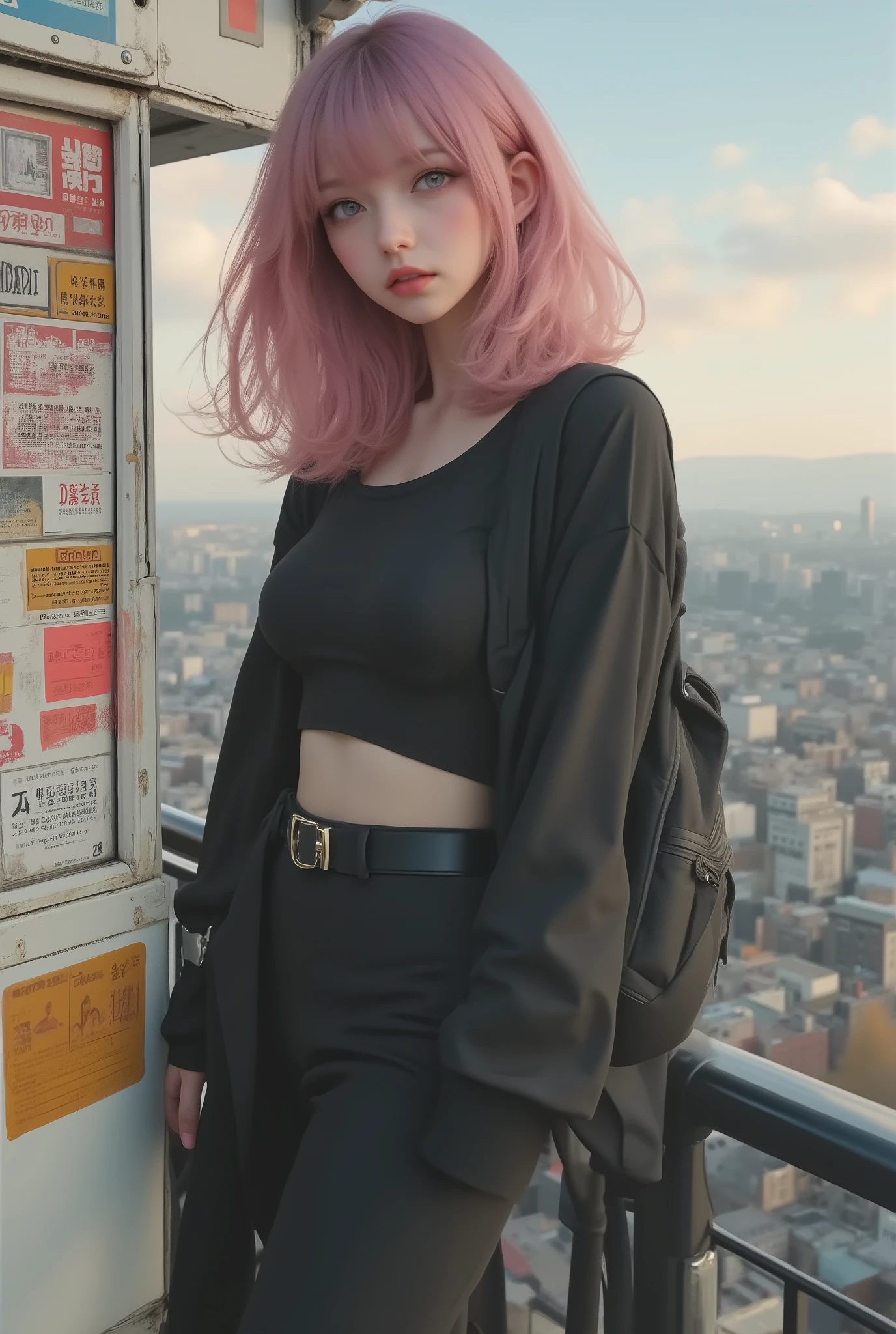Photo Real、Realistic Skin Texture、tight cyberpunk suit、Fluffy Shoulder-Length Hair、dim cyberpunk city、beautiful pink eyes、pink hair、thinウエスト、Beautiful Standing、Equipped on a Belt、thin、style is good、Shoulder-width is not wide、The waist is wide、My chest is slipping down medium size