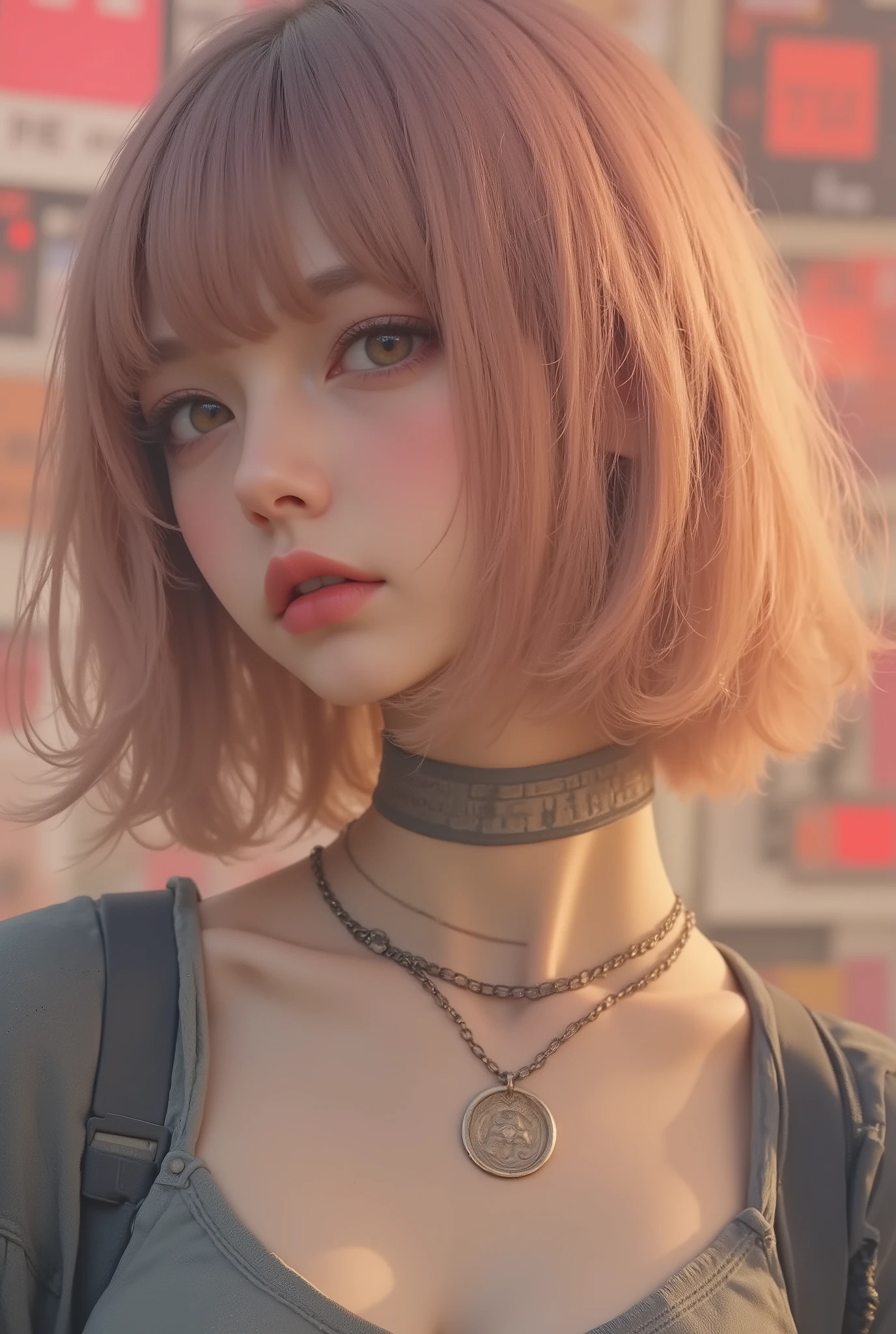 Photo Real、Realistic Skin Texture、tight cyberpunk fashion、Fluffy Shoulder-Length Hair、dim cyberpunk city、beautiful pink eyes、pink hair、thinウエスト、Beautiful Standing、Equipped on a Belt、thin、style is good、Shoulder-width is not wide、The waist is wide、My chest is slipping down medium size