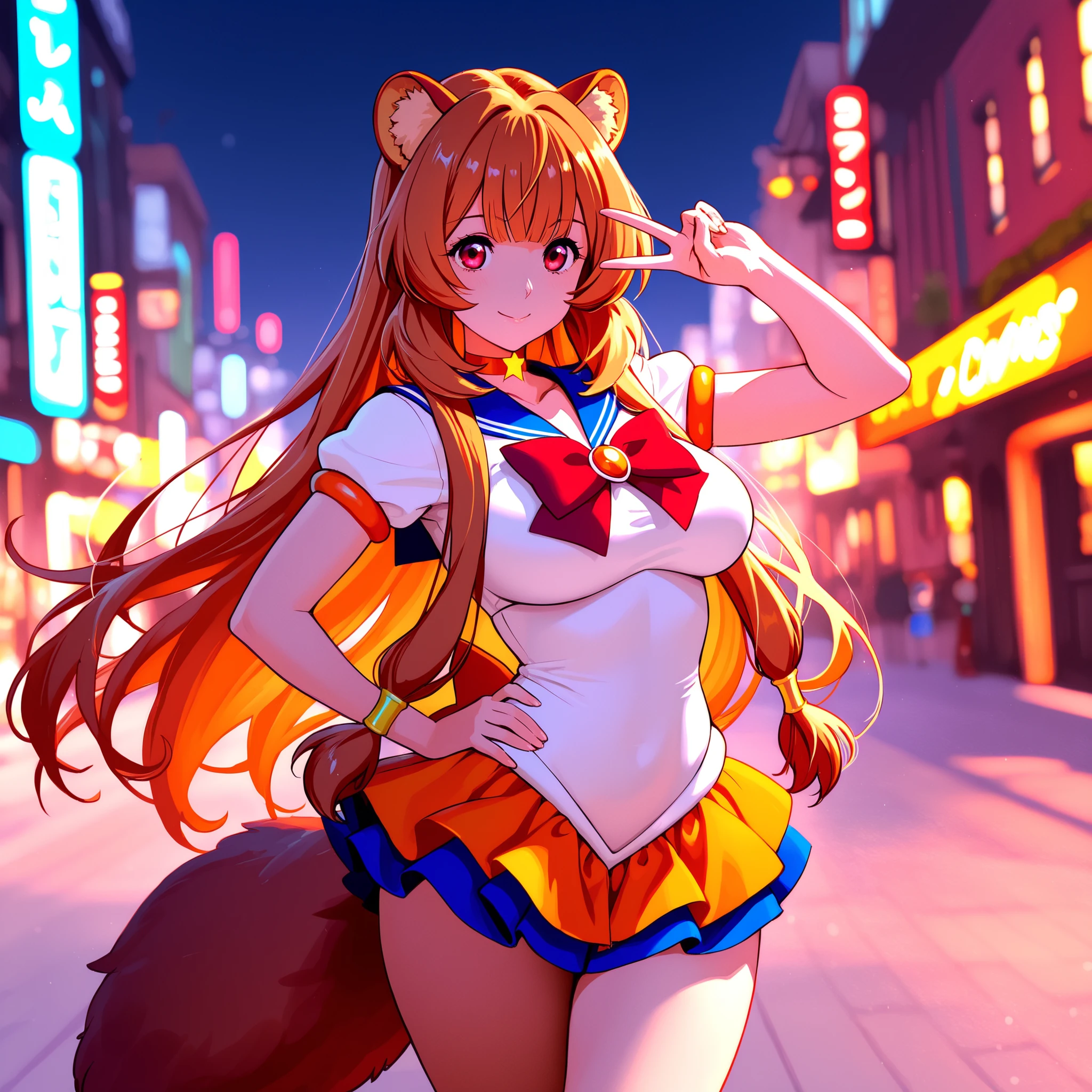 A girl, Raphtalia with orange hair and bright red eyes and fluffy ears , d cup breasts, (the best quality, 8K, masterpiece, ultra detailed,  beautiful,), ROMPER Sailor Venus costume, short sailor shirt and short skirt in orange. background a modern and colorful city. V sign.