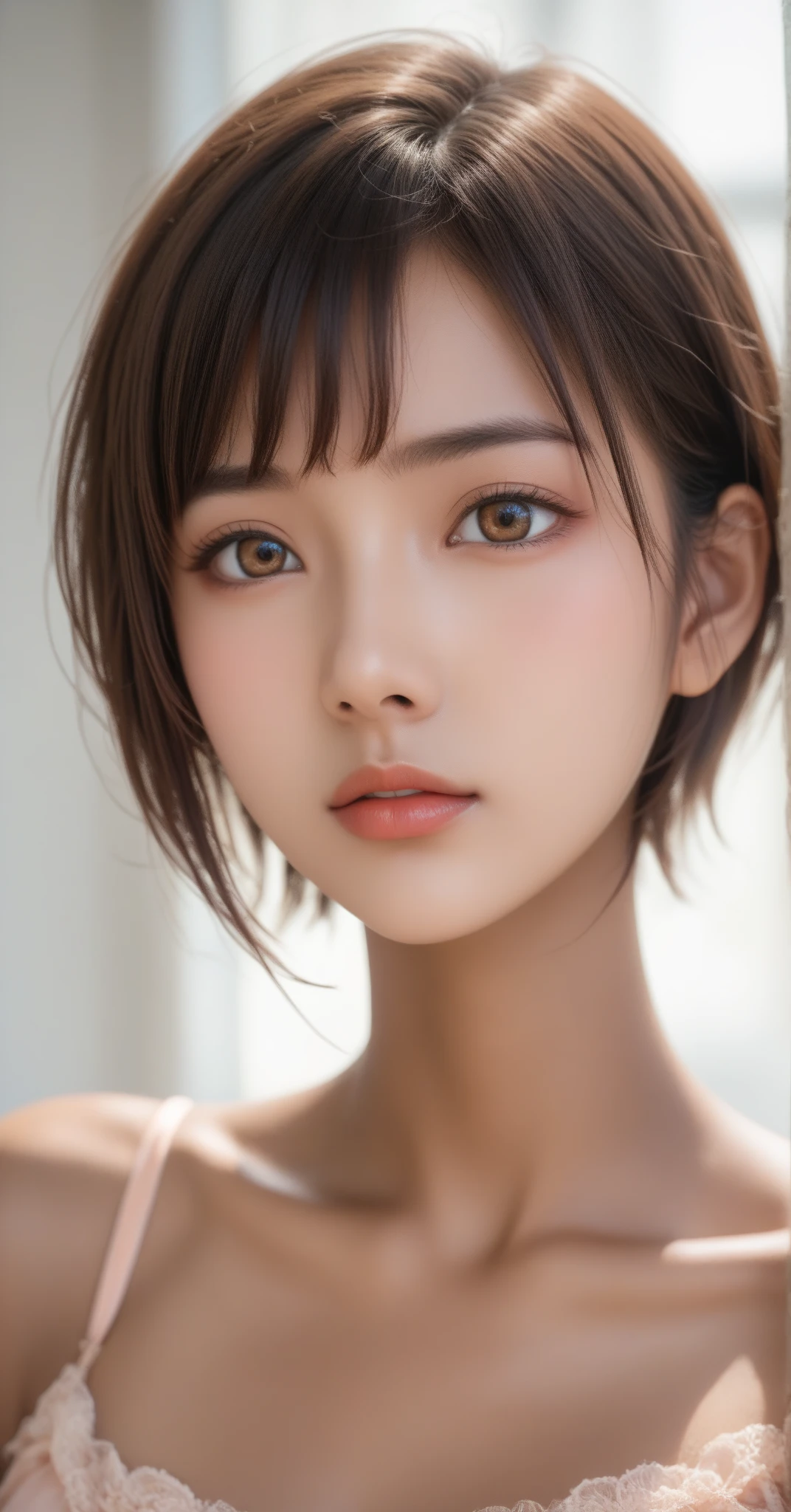 photorealistic, Photography ,BREAK, short hair woman, taking a (selfie:1.8), (from above:1.5) , (pink  and pantie), in bedroom , white background, (short hair), BREAK, 8k , LAW , best-quality, masterpiece, hyper realistic detail shiny skin , natural shading , realistic shadow, BREAK (hyper realistic detail shiny skin, detailed skin, detailed hair, ultra sharpness, intricate details), perfect 