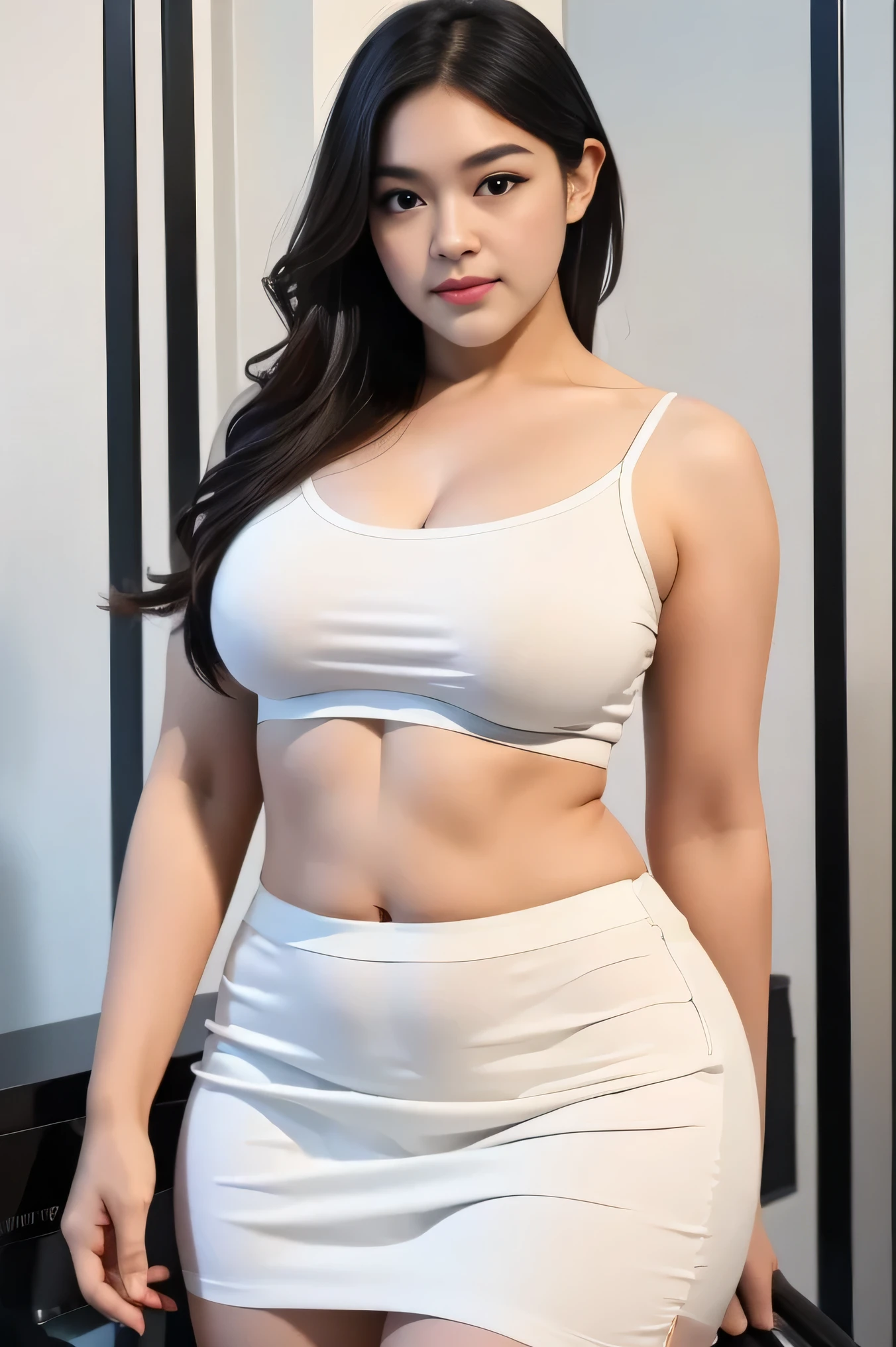 1girl, solo, sensual woman, clear lighting, (Indonesian_high_school), semi-curvy body, at the gym, sexy pose, detailed face, detailed eyes, in the middle, unparalleled beauty, looking at the camera , thick breasts, detailed skin, Sixpack abs, looking at the audience, wearing white shirt, wearing white short skirt, (8k, RAW photo, best quality, masterpiece: 1.3), (realistic, realistic: 1.37), ultra-high resolution, wide camera view