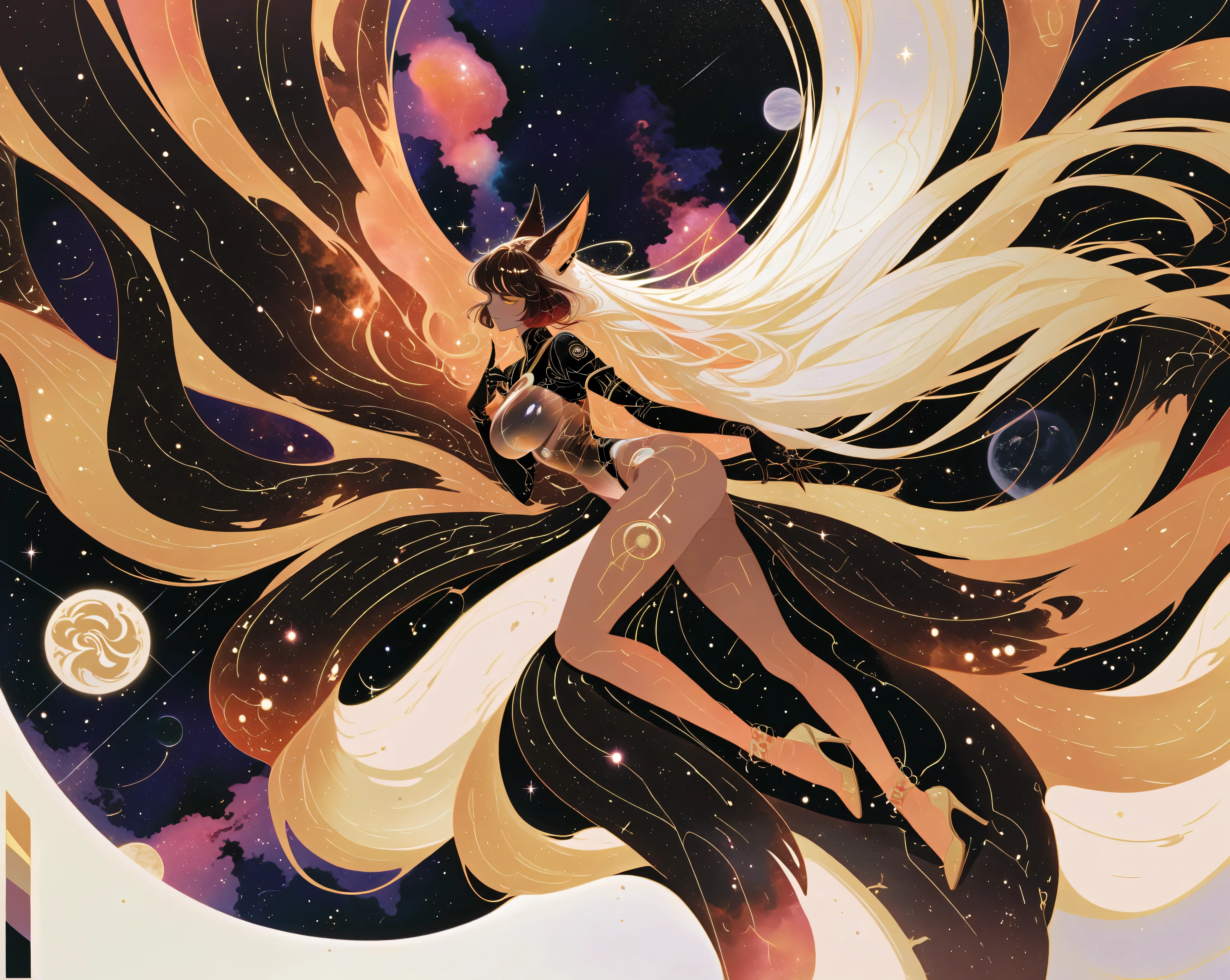 ,8k,hd,gradient translucent colors themed background: dark stage, space, nebula,,1girl, dark brown skinned fox woman, 9 tails, white black and gold, nude, big breasts,focus on her high heels,,android,multicolored hair,very long hair, very sexy, she is laying down , swimsuit