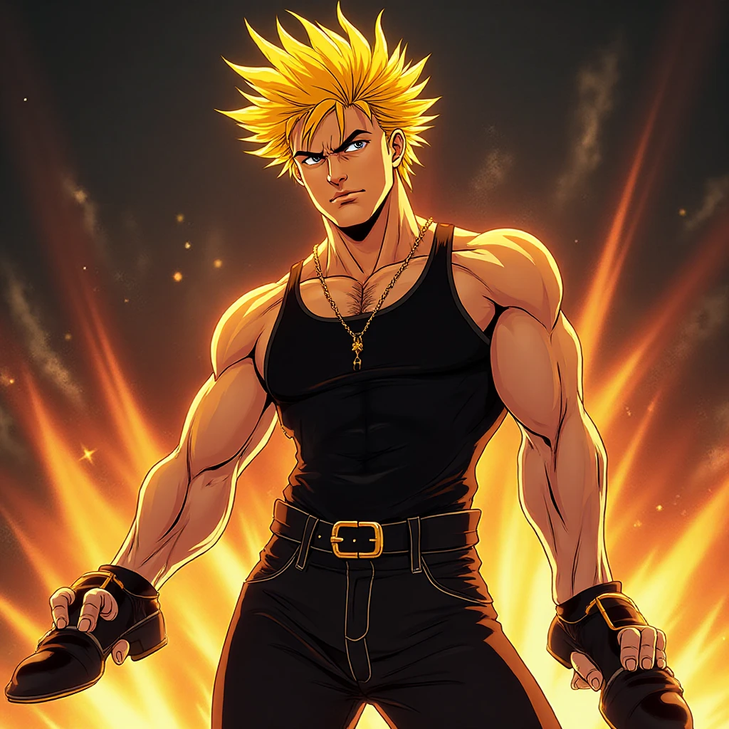 Yellow hair, yellow eyes, yellow hair, anime, strong build, young man in his twenties, black clothes, night, soft lighting, strength, majesty, handsome 
