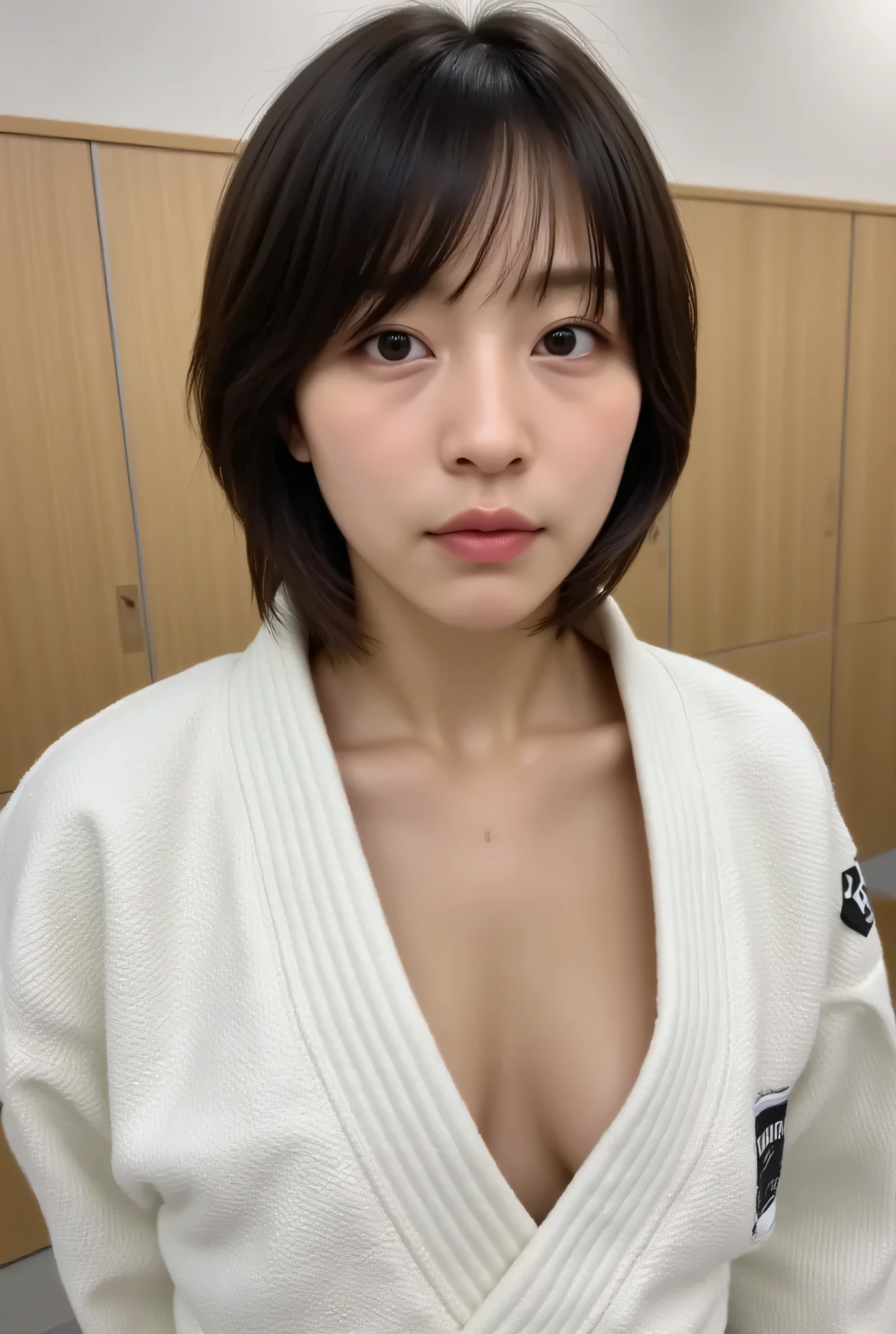 Hyper-photorealistic, ultra-high-definition image: a Japanese woman wearing a judo uniform. Her chest is exposed, revealing most of her breasts, but her nipples must not be visible. She has short, black bobbed hair and is likely drenched in sweat. She is in a locker room, where no one else is present. she'slooking at sideward.Draw her from head to waist within the frame.