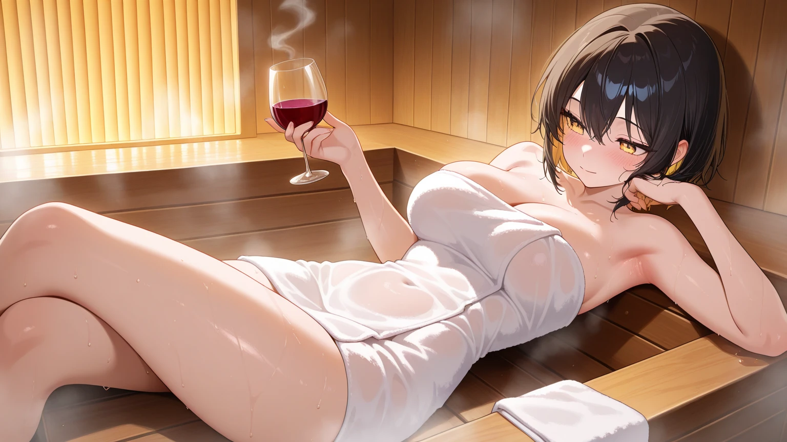 A busty and toned brown-haired, hazel-eyed teenage girl lying on a sofa, wearing a  translucent bathrobe, open bathrobe, sipping from a glass of wine and smiling seductively, the setting is the inside of a a beautiful modern mansion with a large glass window  overlooking a forest and mountains