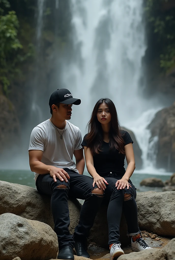 photo realistic, featuring Indonesian men, bald head, which, was sitting under a small natural waterfall. Wearing a gray shirt, While sitting wet he took a selfie. Beside him there was a bald man who was bathing, outdoor atmosphere, with lush plants and waters and tropical trees around it, there are also some people who deserve to be on holiday,
