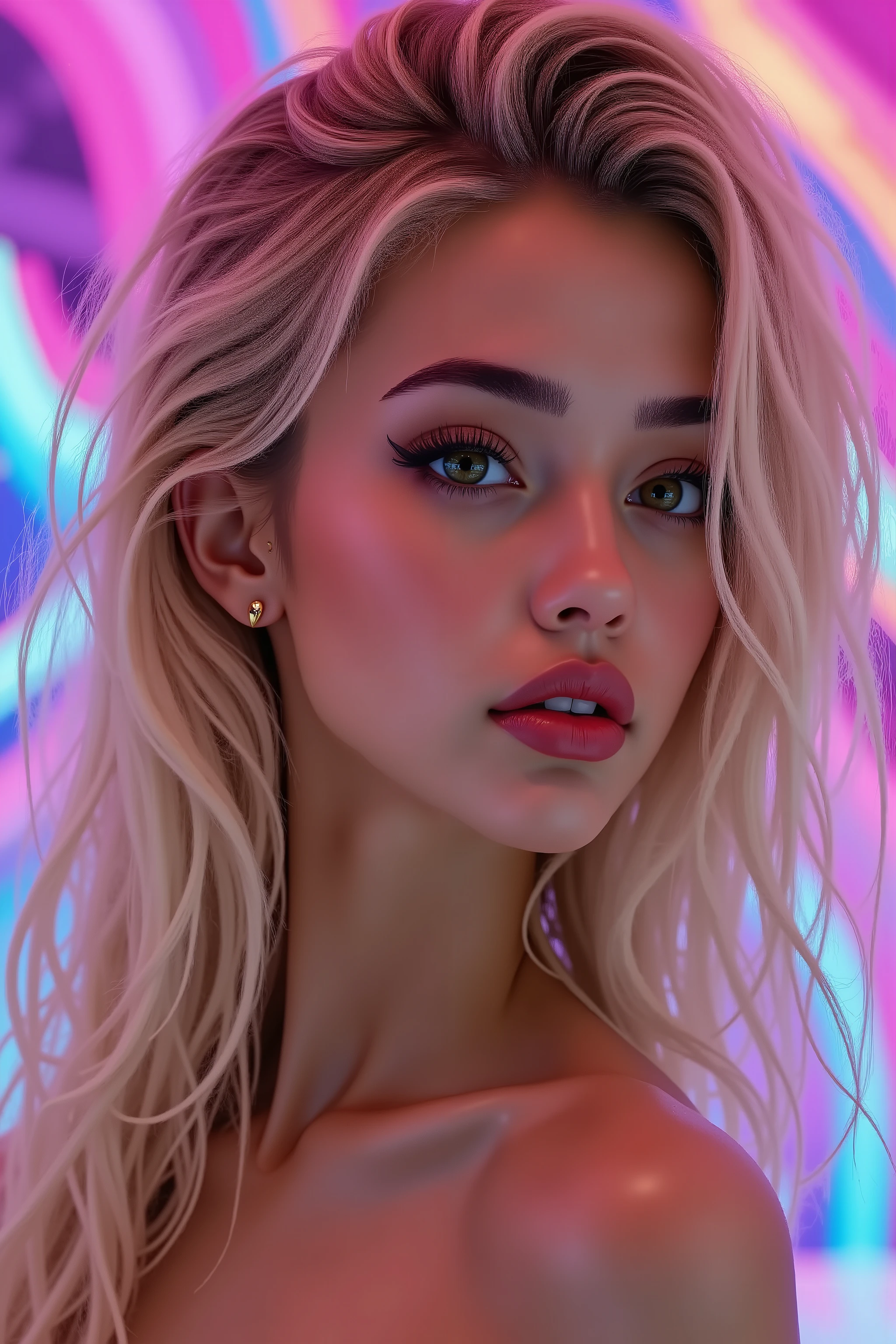  Ultra-realistic (photorealistic Realism), (Key Directive: - ("The priority is the anatomical accuracy and texture of the materials" - "Ultra-sharp human eyes with biological accuracy") {A model japanes girl in swimsuits posing for a photoshoot on psychedelic background}, (ultra realistic texture details: velvety skin, hair), (blonde hair (curly hair)((slicked to one side)), intricately details:1.33), {"long Lashes: individual synthetic fibers (crosshatched roots:1 . 2 , clump-free separation)" - "(Carefully draw Long mascara:1.22)" [perfect dark eyeshadow, pink:1.2][glossy red lipstick:1.3], professional Magic Makeup on eyes:1.3, perfect composition. (Realistic eyes, clear, sharp, absurd quality, not blurry) } "ultra detailsEyes: (acid-resistant terminology) (macro-details:1 . 5): * Moist corneal surface (visible aqueous layer:1 . 2) *{ Ultra-details iris stroma ((brown) with gold flecks)} * Precise limbal ring (slightly darker pigmentation:1 . 22) * Pupil micro-texture (irregular edge authenticity:0 . 9) * Vasculature in sclera (subtle red veins radiating from limbus)" Technical Specs: (Optics: - "Zeiss Otus85mm f/1 . 4 lens (eye refraction calculations:1 . 3)" - "Shutter Speed:1/500 (freeze eye micro-movements)" - "Focus Stacking:7-point coverage on iris plane") Post-Processing: - "Frequency separation for skin vs eye details" - "Selective sharpening: eyes170% , hair150%" - "Denoise: luminance20 , color35 (retain corneal speculars)" (Avoid: "pupil distortion , uncanny valley asymmetry , plastic-like ), (skinny body build),(Sleeveless, beautiful PVC: 1.2), ((Micro Sling swimsuit:1.2)), (wear Micro Sling made of (Sparkly neon), PVC: 1.25),