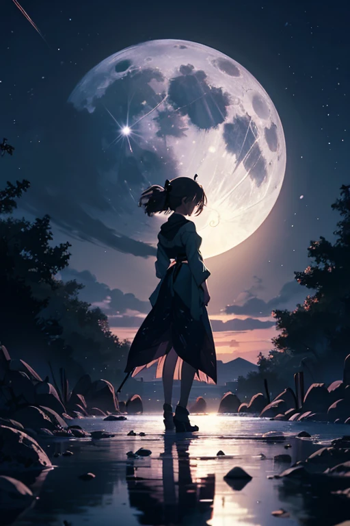 ((best quality)), ((master part)), Vasta foto de paisagem, (de baixo, The sky above and the open field below), a girl standing on a flower field looking up, (lua cheia: 1.2), (Meteoro: 0.9), (nebula: 1.3), Montanhas distantes, Trees BREAK Making Art, (Fonte de Luz Quente: 1.2), (Pirilampo: 1.2), lamps, Muito roxo e laranja, Detalhamento intrincado, Volumetric lighting, Realismo BREAK (master part: 1.2), (best quality), 4k, ultra-detalhado, (dynamic compositing: 1.4), Very detailed, Riqueza de detalhes, (Cores iridescentes: 1.2), (brilhar, Atmospheric Illumination), sonhador, magica, (sozinho: 1.2), profundidade de campo, Maximum Sharpness and Clarity, perfectly proportions,