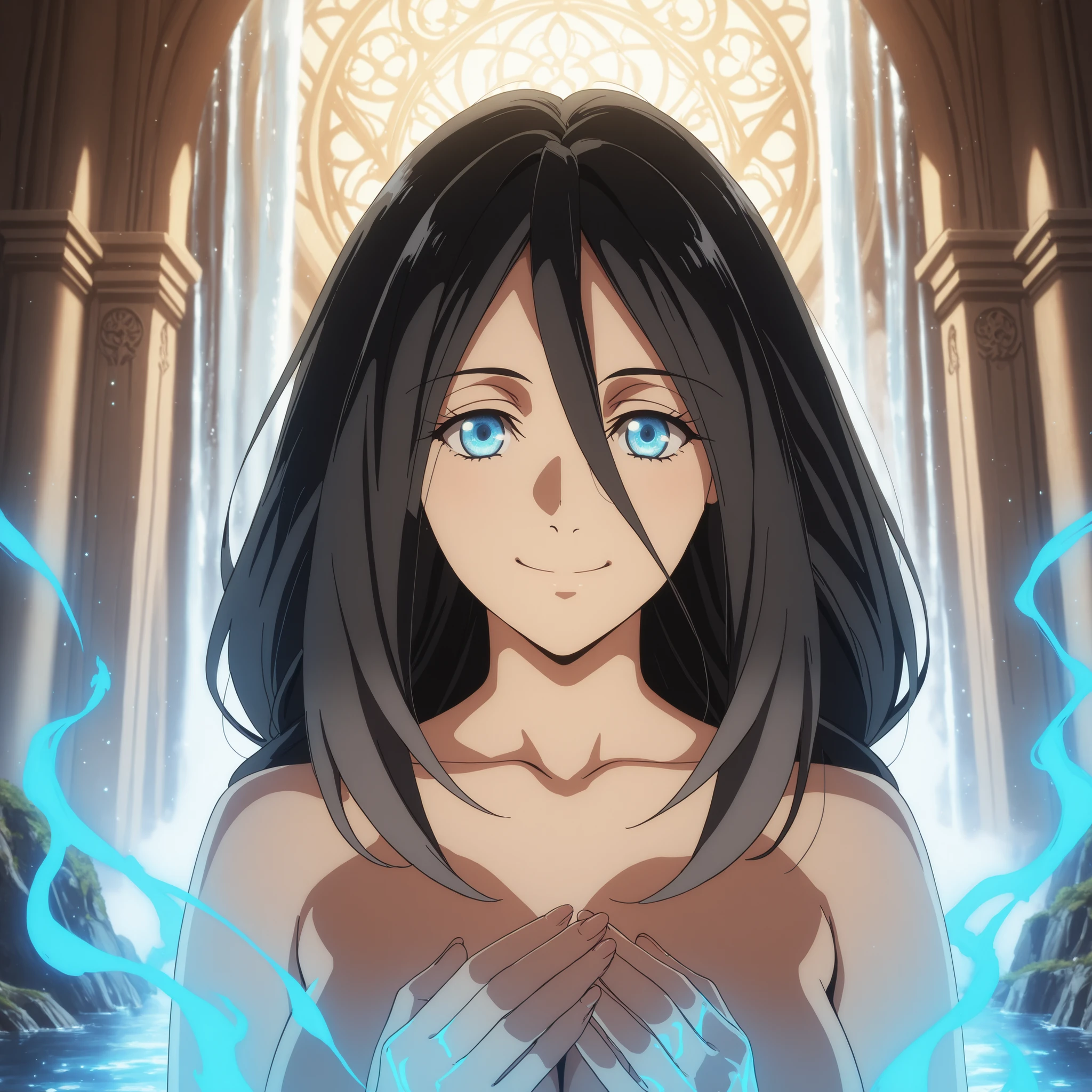 Shildina, 19 years old, jovial and charming, with warm, radiant energy. Her black hair with hair between her eyes shines under the sunlight filtering through the trees. Her sleepy blue eyes glow with gentleness and determination. curvaceous and elegant figure, with generous breasts and harmonious proportions. She lies naked under a majestic waterfall, water caressing her smooth skin, surrounded by an ethereal aura with particles of light floating around her. Smile like a mischievous person, radiating natural beauty. Hyper-detailed anime art, magical atmosphere, warm tones and stylized realism.