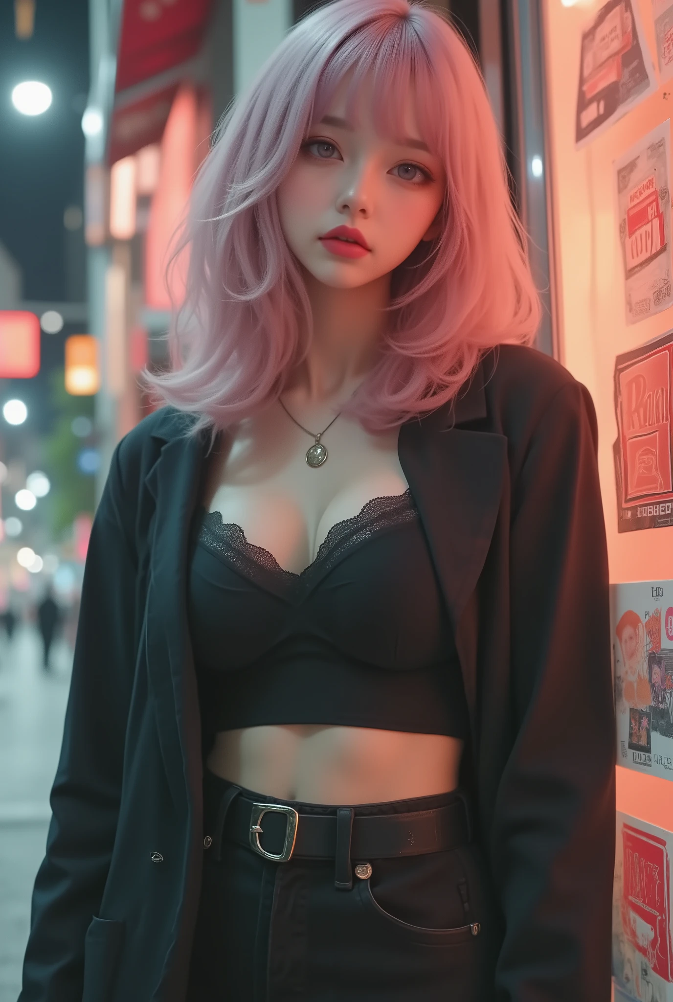 Photo Real、Realistic Skin Texture、tight cyberpunk fashion、Fluffy Shoulder-Length Hair、dim cyberpunk city、beautiful pink eyes、pink hair、thinウエスト、Beautiful Standing、Equipped on a Belt、thin、style is good、Shoulder-width is not wide、The waist is wide、My chest is slipping down medium size