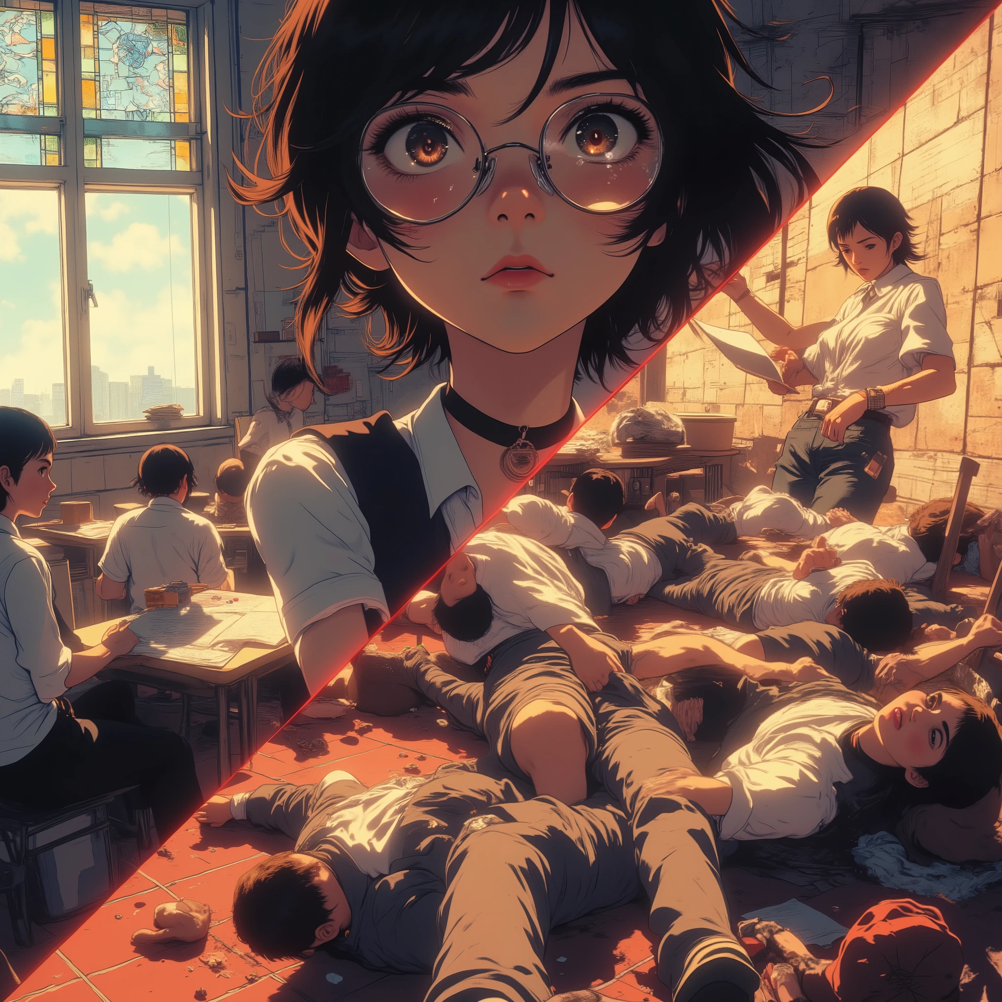 Composition with a diagonal split, from bottom left to top right.
The same woman is shown in two contrasting personas.
Lower left: , seen from the waist up, head tilted, studying with prescription glasses, wearing neat school clothes, beneath a sunny stained-glass classroom window.
Top right: A bully, head tilted back, mouth slightly open, smiling maliciously, wearing casual school clothes, a leather choker, and a menacing look. She is surrounded by fallen bodies, knocked down by her only kicks.
Stylized anime style, ultra-high detail. Strong contrast in expression, lighting, and setting. Emotional and symbolic.