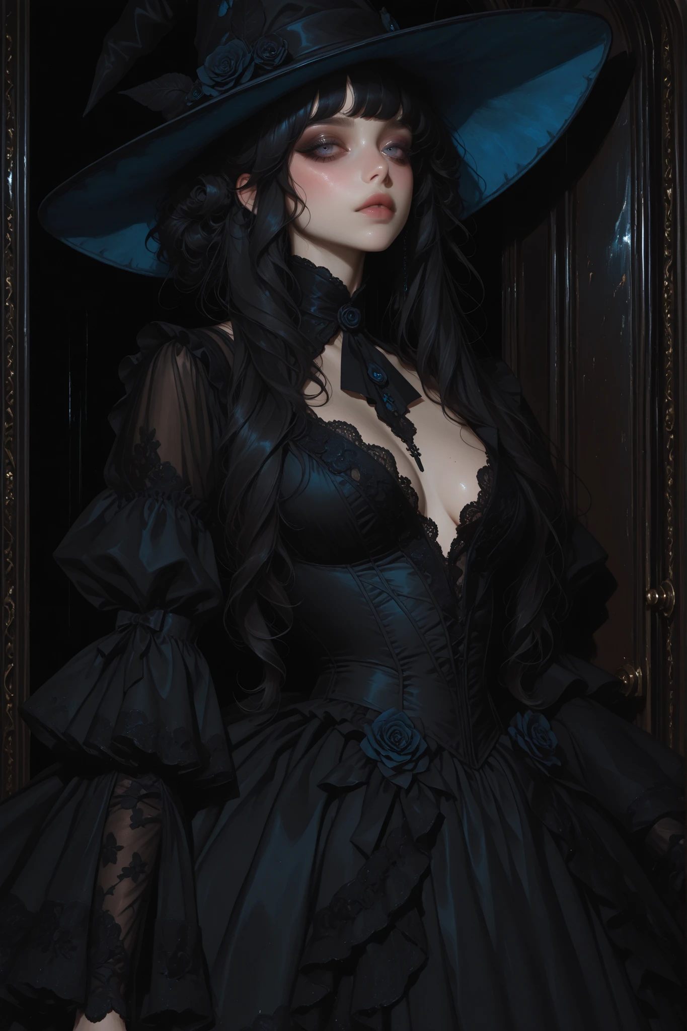 Adorable gothic Victorian girl that is a witch, wearing a refined blue and black Victorian-inspired gown with long draping sleeves and delicate lace trim, witch hat. Long Raven black curled hair, elegant and dainty, highly detailed