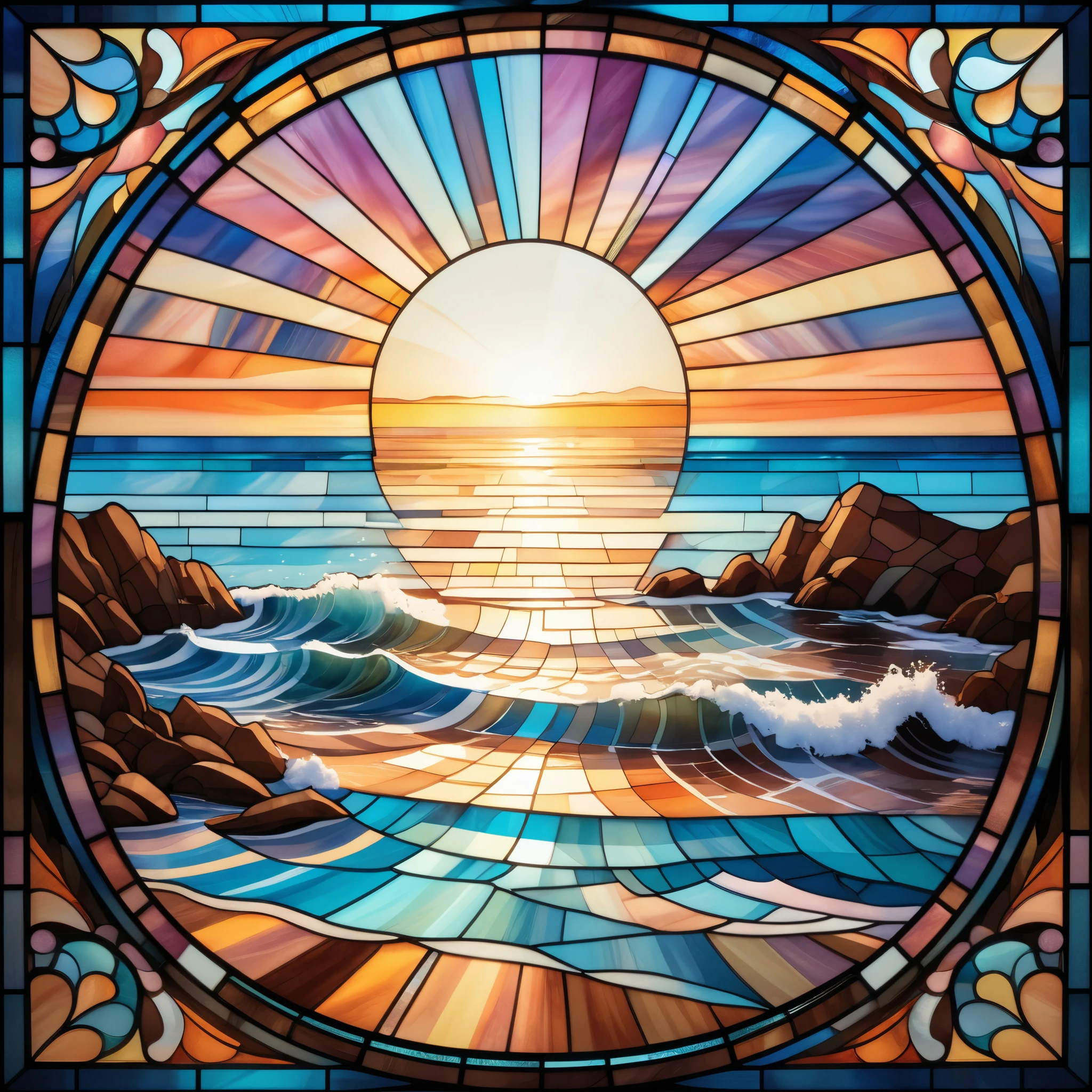 Stained-glass style illustration of a floating ((Seaside)), centered in the image, appearing to hover in midair. The ((Seaside)) is intricately drawn in shades of brown, pink, and white, with mosaic-like detail and vivid artistic effect. The background is a luminous stained-glass wall only (no floor visible), designed with both horizontal and vertical symmetry, featuring geometric and organic patterns in glowing blue, yellow, and orange tones. Soft sunlight filters through the symmetrical glass, creating a warm, ethereal glow.