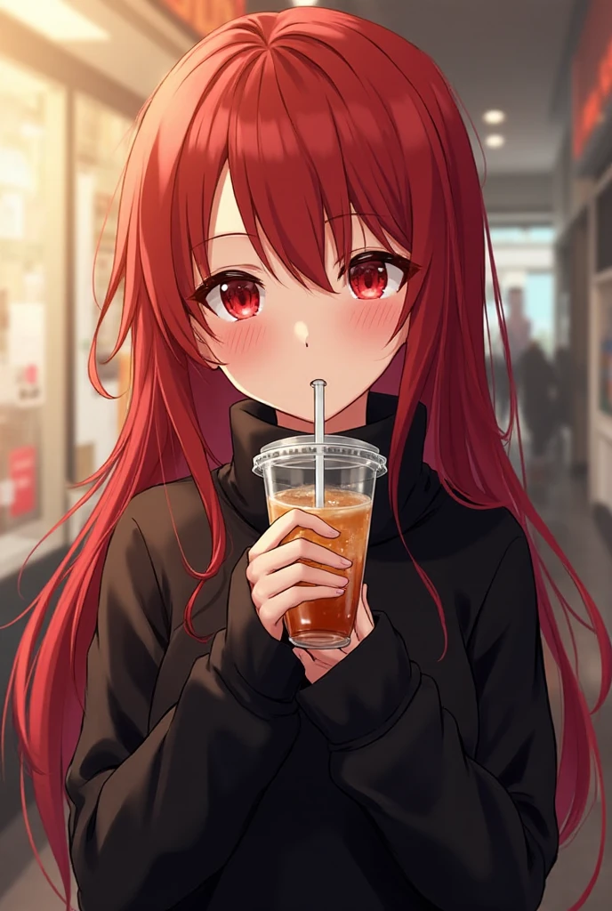 Pretty asian woman, bright red hair, black shorts and a green hoodie, cute, sitting in a big chair. Anime style, coffee shop environment 