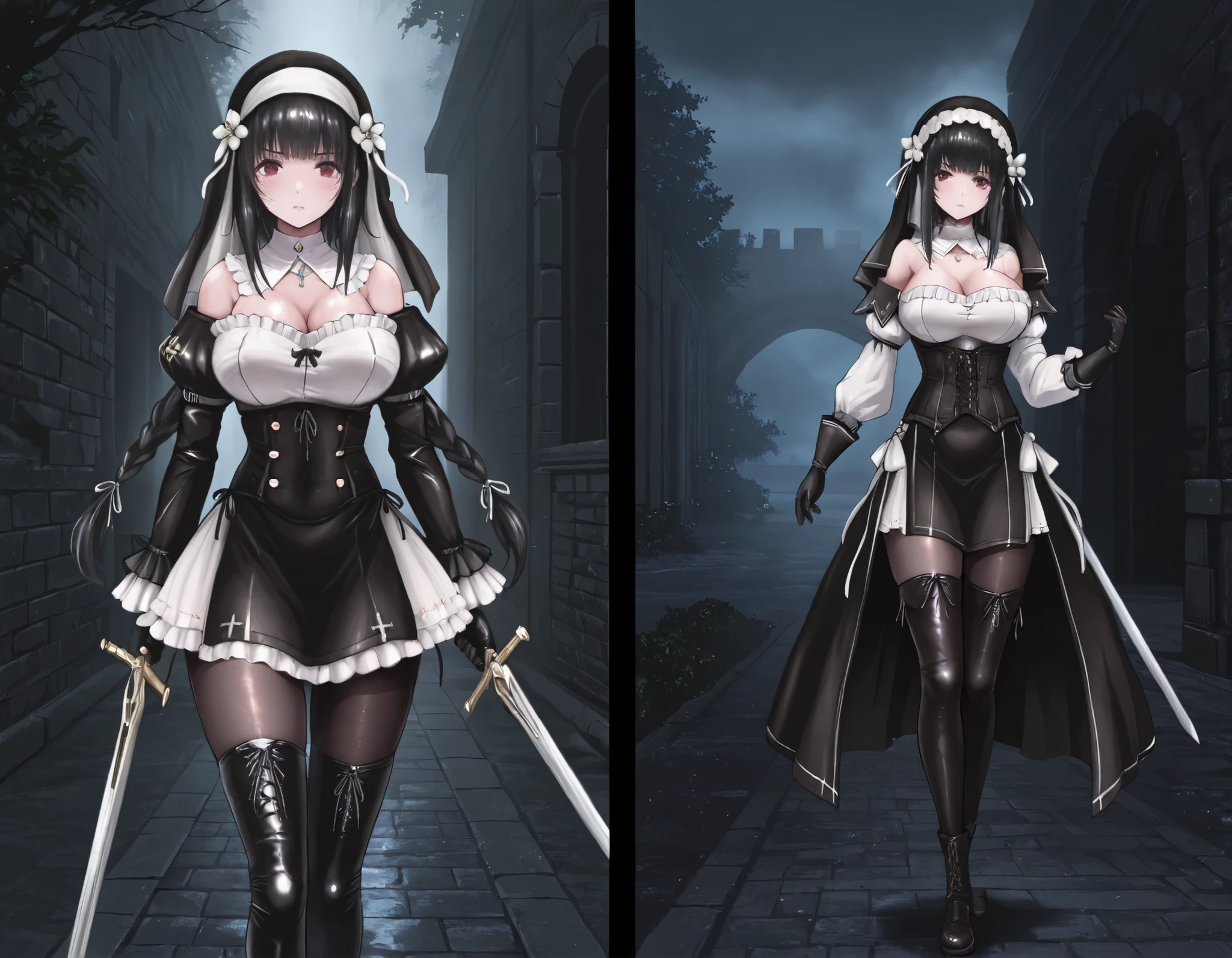  masterpiece, the best quality, muy estético, approach, , 1girl, rabiane, nun's veil skirt, Alone, standing, dynamic pose, holds a sword in his hand, serious look, black high boots, thigh-high boots,  cchoker:1.6, buttoned shirt, (( Buttoned white buttoned shirt)), ((plain white long sleeve buttoned shirt)), ((black leather corset)), black leather gloves, (((Shiny black leather leggings))), detailed face, detailed eyes, detailed eyes, Red Eyes, black hair, Pechos grandes, dark, Masonry street, Villa Antigua, fog, trees, at night