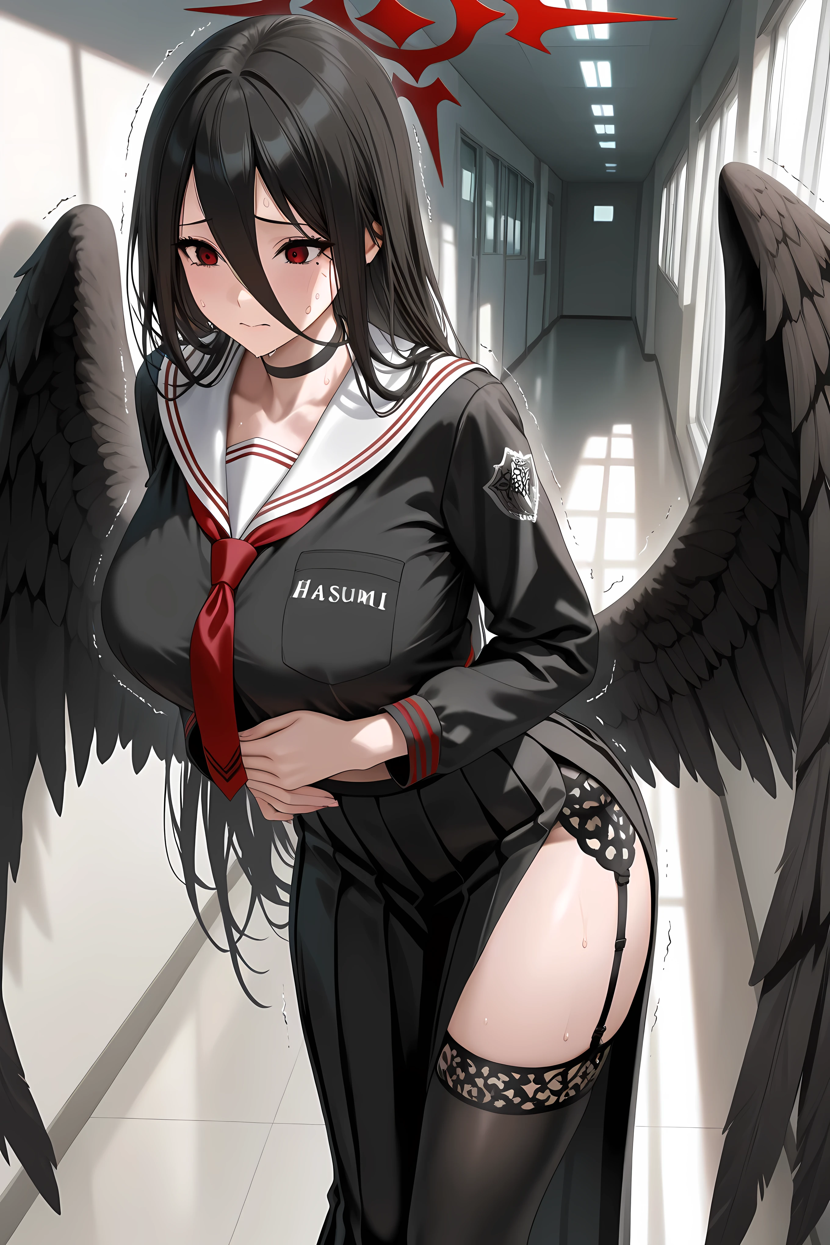 hasumi, black hair, hair between eyes, long hair, mole, mole on breast, mole under eye, red eyes, wings, black wings, low wings, feathered wings,,black choker, black serafuku, black skirt, black thighhighs, garter straps, long sleeves, pleated skirt, school uniform, serafuku, side slit, skirt, thighhighs, white collar, whie sailor collar,,general, masterpiece, highres, ultra-detailed, hyper-detailed, best quality,  amazing quality, very aesthetic, best hands, best eyes, best hand
adult woman, 1woman, hand on own stomach, sweat,  leaning forward, nervous, scared, trembling legs,

Huge white facility hallway