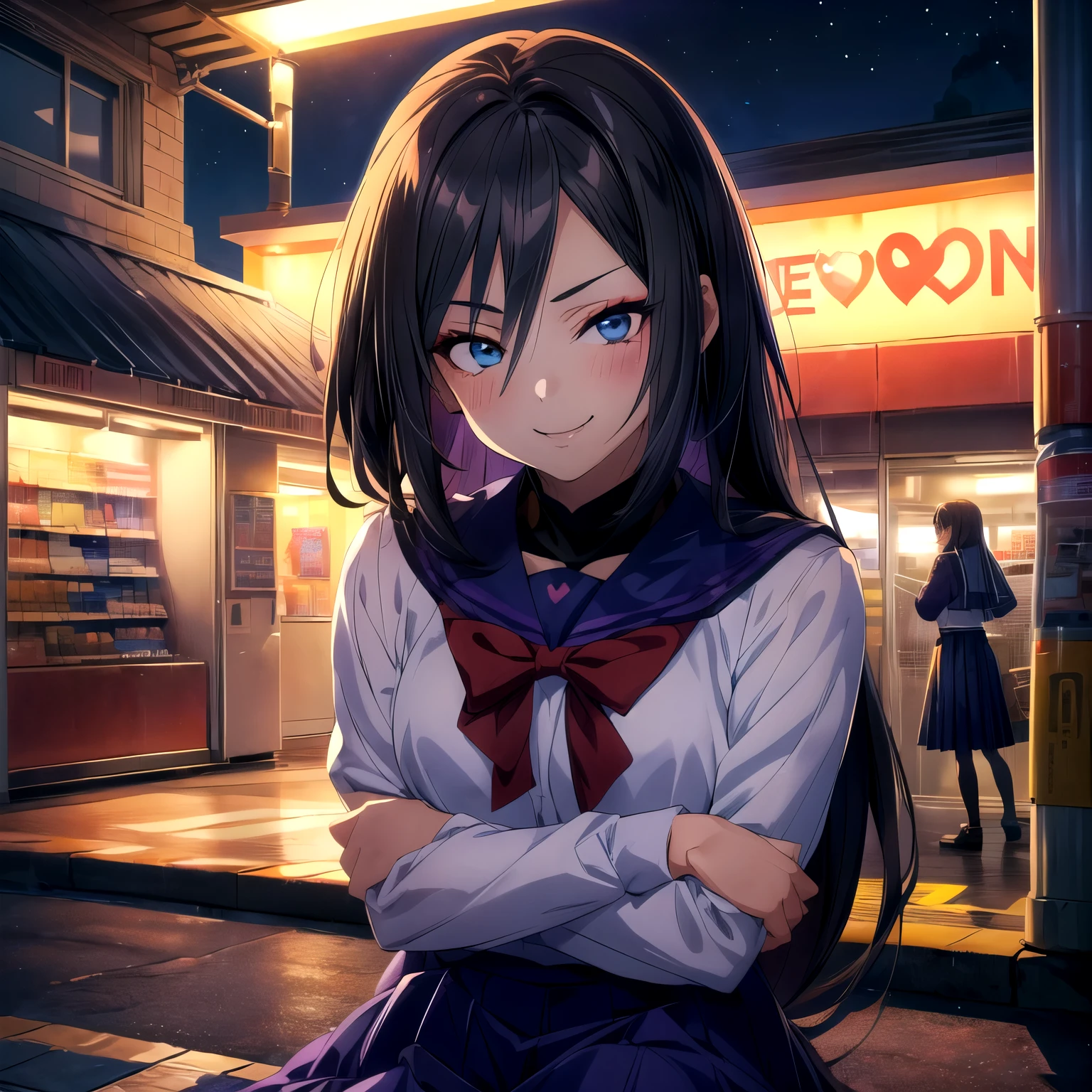 (Surrounded by 100 tentacles: 0) (High-achieving but delinquent boy, girl, blue eyes, very long hair, smiling, blushing, heart emote: 1.5) (Sukeban outfit, dark purple sailor uniform, long sleeves, long skirt, yankee sitting, shit sitting, squatting, in front of a convenience store at night: 1.5) (2D, 2DCG, anime shadows, smooth textures, upper body: 1.5) (UHD, Retina, Masterpiece, Accurate, Anatomically Correct, Textured Skin, Ultra Detailed, High Detail, High Quality, Award Winning, Top Quality, High Resolution, 16k)