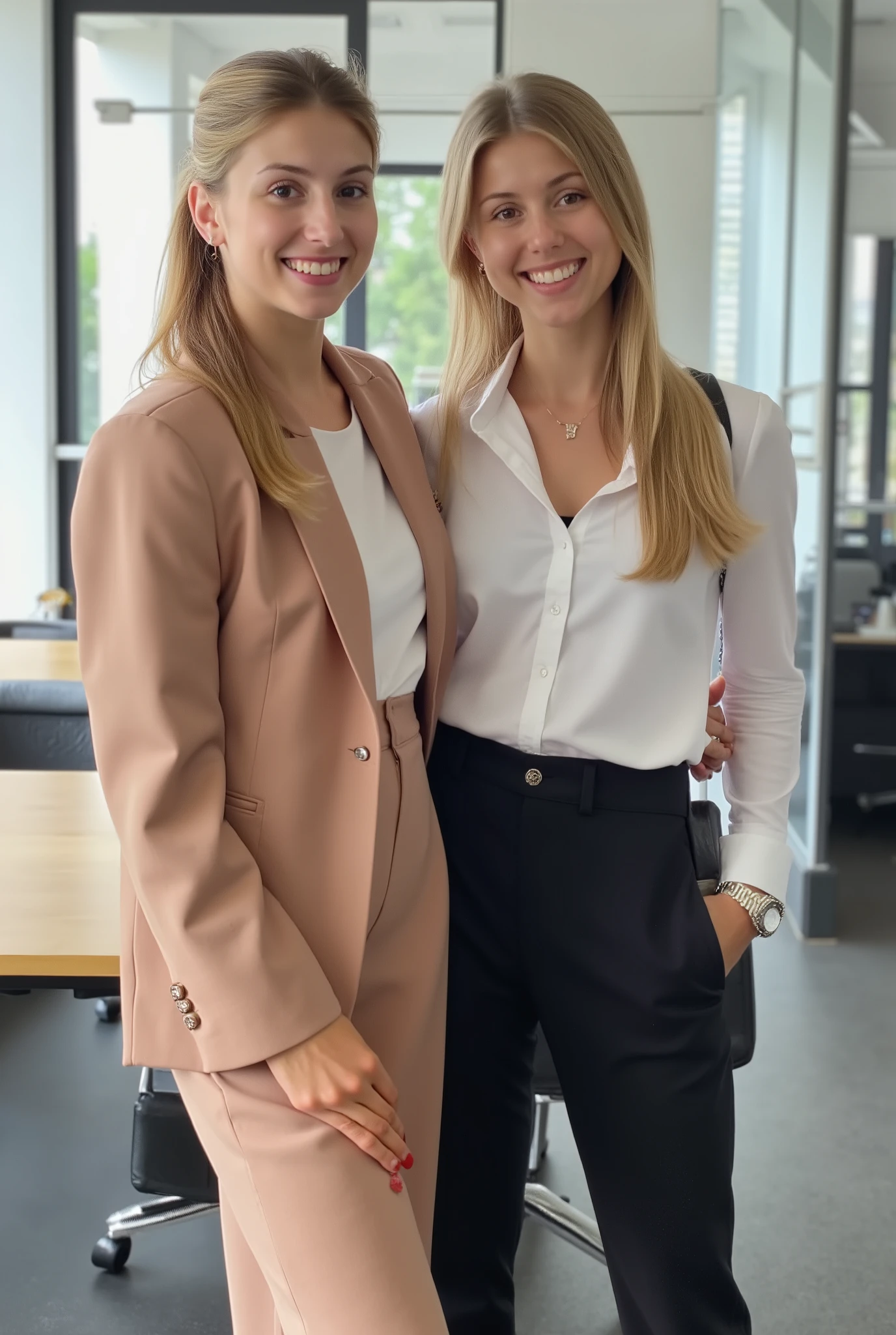 Full photo of two professional women in the office, one with an elegant light brown outfit and blond hair in a ponytail, The other with stylish business clothes, both smiling and self-confident in a modern work environment