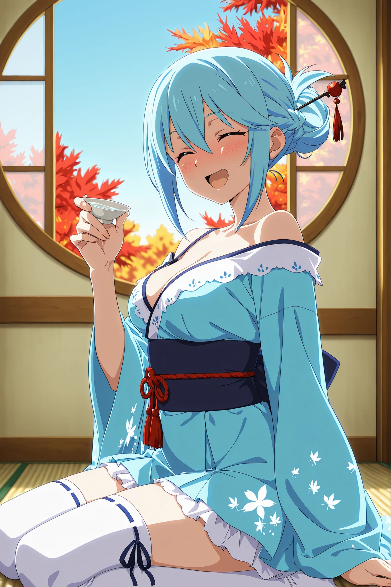 8K,HDR,masterpiece,best quality, high quality,amazing quality,highres, absurdres, newest,(anime screencap:1),(anime coloring:1),(anime style:1),highly detailed illustrations,perfect eyes,detail1eye,well-defined fingers,(perfect anatomy:1), (perfect fingers,5 fingers:1),upper body,from side,face close up,

BREAK 
1girl,solo,ChopioAqua, blue hair, hair between eyes, blue eyes,anime coloring, medium breasts,low bun, kanzashi hair stick,

BREAK 
Kimono_Style_Dress, cosplay, dress, japanese clothes, wide sleeves, short kimono, floral print, ribbon, long sleeves,wide sleeves,sash, navy obi, light blue dress, ruffles dress,transparent kneehighs, white thighhighs,

BREAK 
smile,closed eyes,open mouth,joyful,holding full sake bottle,sake cup in hand, looking at viewer,seiza,

BREAK indoors, traditional tea room interior,round window frame,tatami floor,minimalist Japanese design,(((blue sky and maple trees through window))),autumn,early morning light