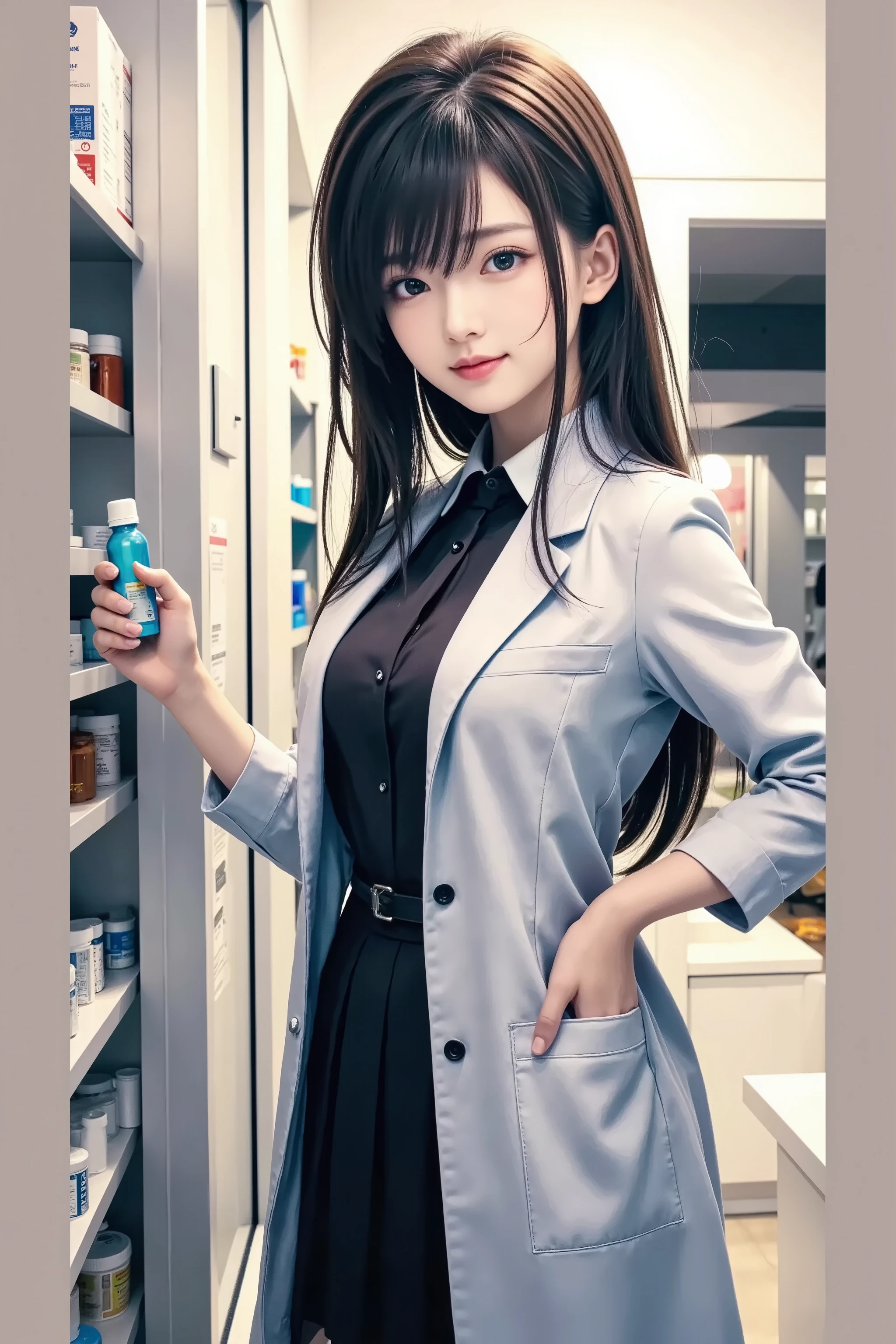美少女 in a pharmacy store with a medicine cabinet, doctor, Wearing a white coat, pharmacy, I'm wearing a white coat and black blouse, Package that says Slender Style 4K, moe art style, (doctor), nurse girl, Belted Tight Waist, Perfect body line, (detailed hands, perfect hands), (Beautiful legs), ((Ultra thin 0.01mm:1.3)), Highest Quality, Highest Image Quality, ultra high definition, photorealistic, greatest masterpiece