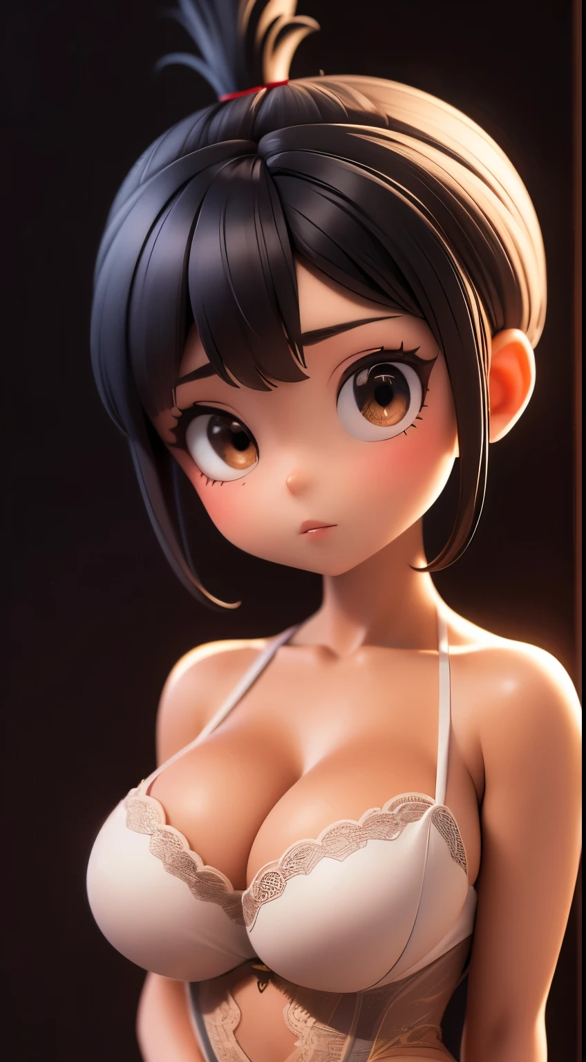 Agnes Gru (high quality: 1.3),  masterpiece, (sharp focus: 1.5), (photorealistic: 1.3), full length portrait of ( A beautiful sexy young lady , tanned skin, short black straight hair, sensual and playful look, dressed in very detailed lingerie , but sculpting the shapes in a crisp chiaroscuro), it's night, (highly detailed skin), (detailed face), detailed background, bright lighting, twilight lighting, Iluminación Volumétrica, Complex details, Ultra High Definition bathroom shower, big and sexy thighs, eyes seductively looking forward, Great perfect , Hourglass body shape, hypersexualized, 