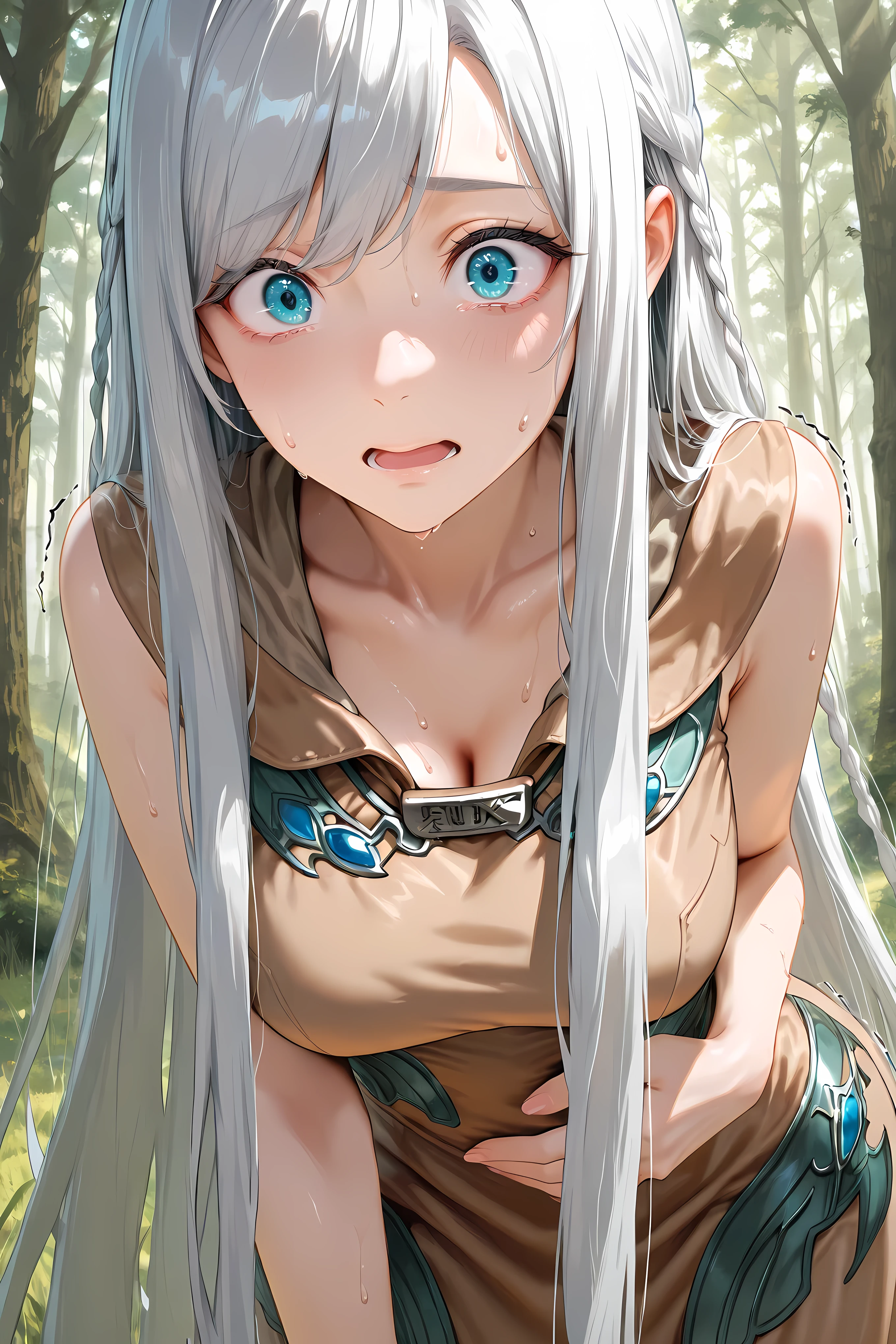 maiden with eyes of blue, brown dress, upper body close up, 

Solo, masterpiece, highres, ultra-detailed, hyper-detailed, best quality,  amazing quality, very aesthetic, best hands, best eyes, best hand
adult woman, 1woman, hand on own stomach, sweat,  slightly leaning forward, nervous, scared, trembling  field, grass field, forest background, sunny sky