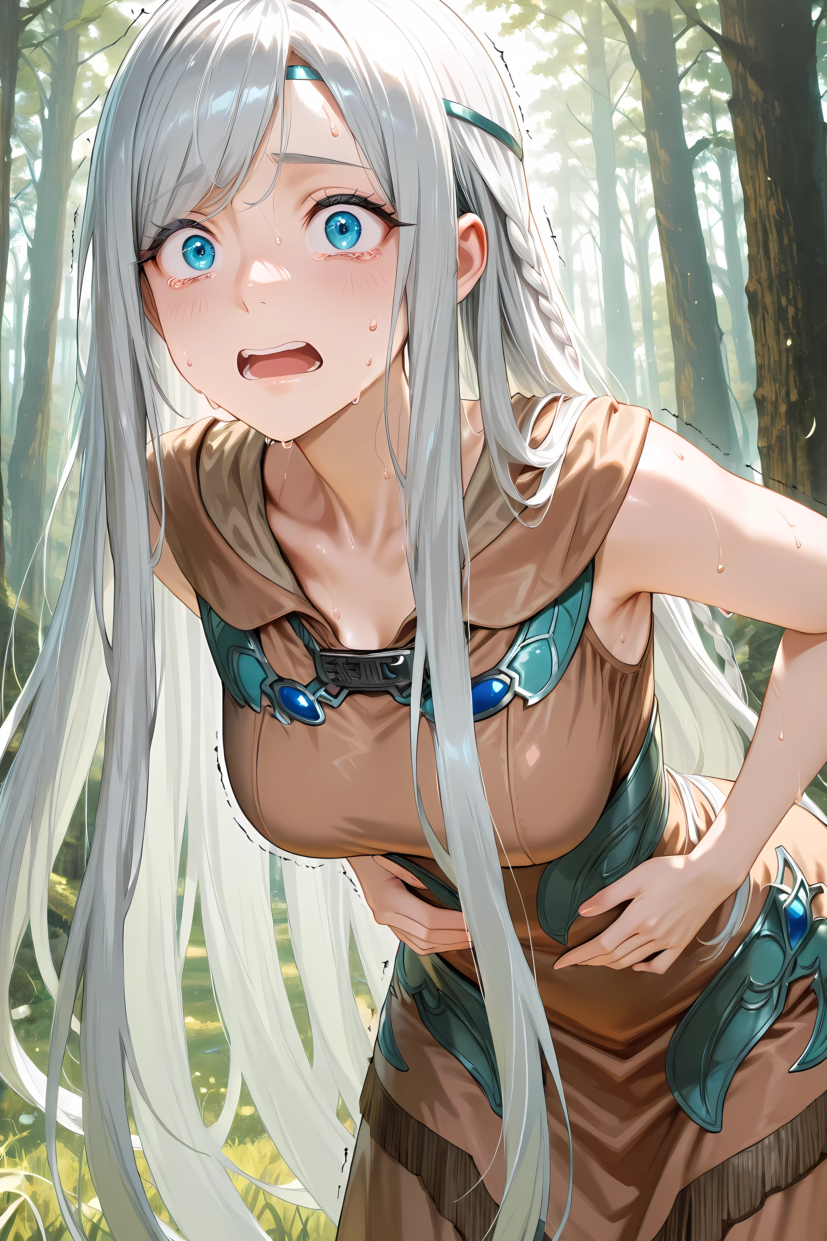 maiden with eyes of blue, brown dress, upper body close up, 

Solo, masterpiece, highres, ultra-detailed, hyper-detailed, best quality,  amazing quality, very aesthetic, best hands, best eyes, best hand
adult woman, 1woman, hand on own stomach, sweat,  slightly leaning forward, nervous, scared, trembling  field, grass field, forest background, sunny sky