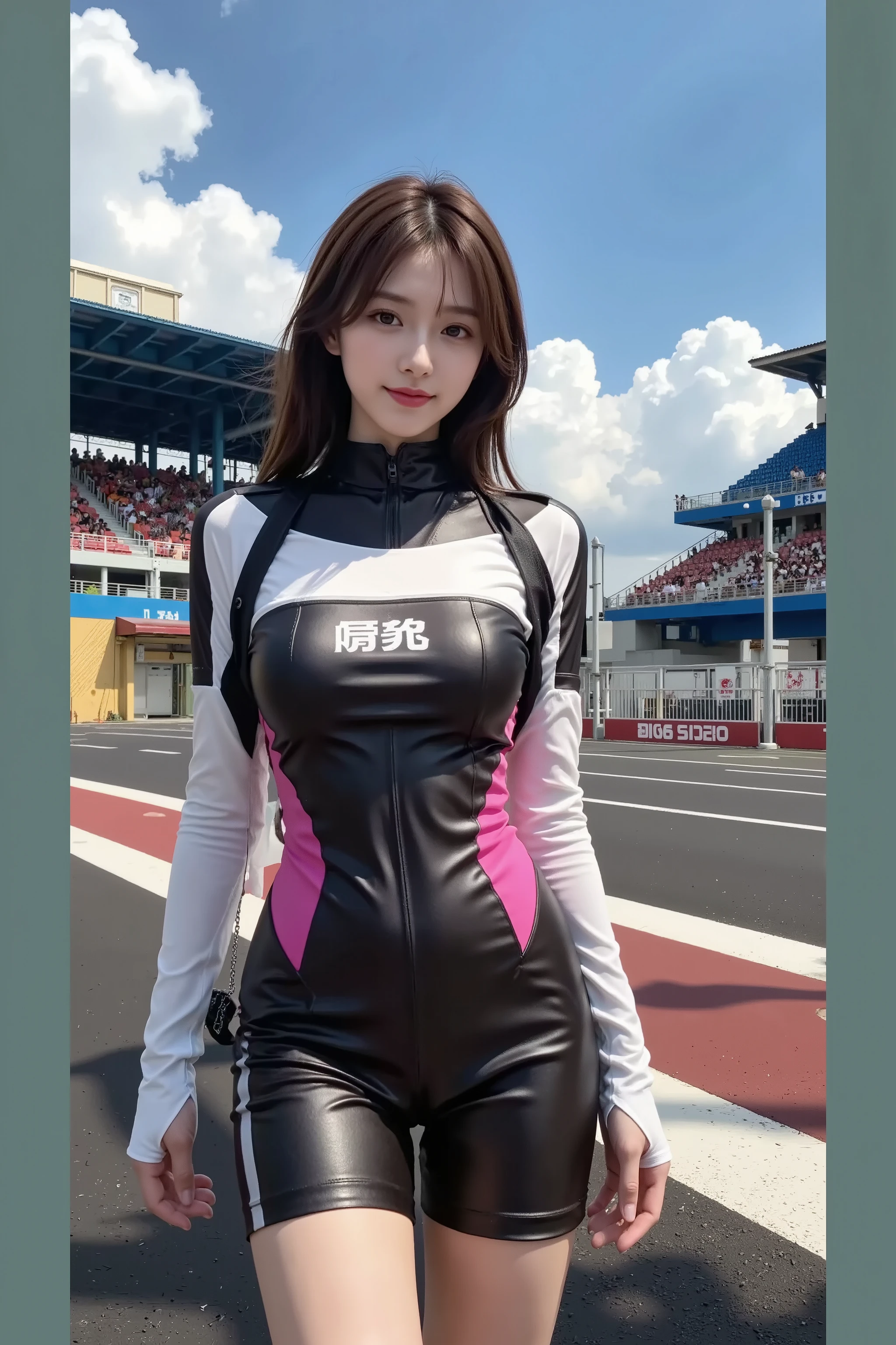Very Young Woman Standing on the Railroad Tracks in a Tight Suit, cute girl with swirling hair on the right, Anime Girl Cosplay, セクシーなタイトスーツを着ている, Popular at CG Station, kda, eSports Style, Smooth White Black Tight Suit, Perfect Android Girl, she's in the chaos of her surroundings, League of Legends Senna in a Sexy Tight Suit, tight clothes, Korean girl, Tight clothing, race queen cosplay, ((slender body line)), (((big boobs))), ((( nice butt))), (Beautiful legs, beautiful thighs), Highest Quality, Highest Image Quality, masterpiece, reality, ultra high definition