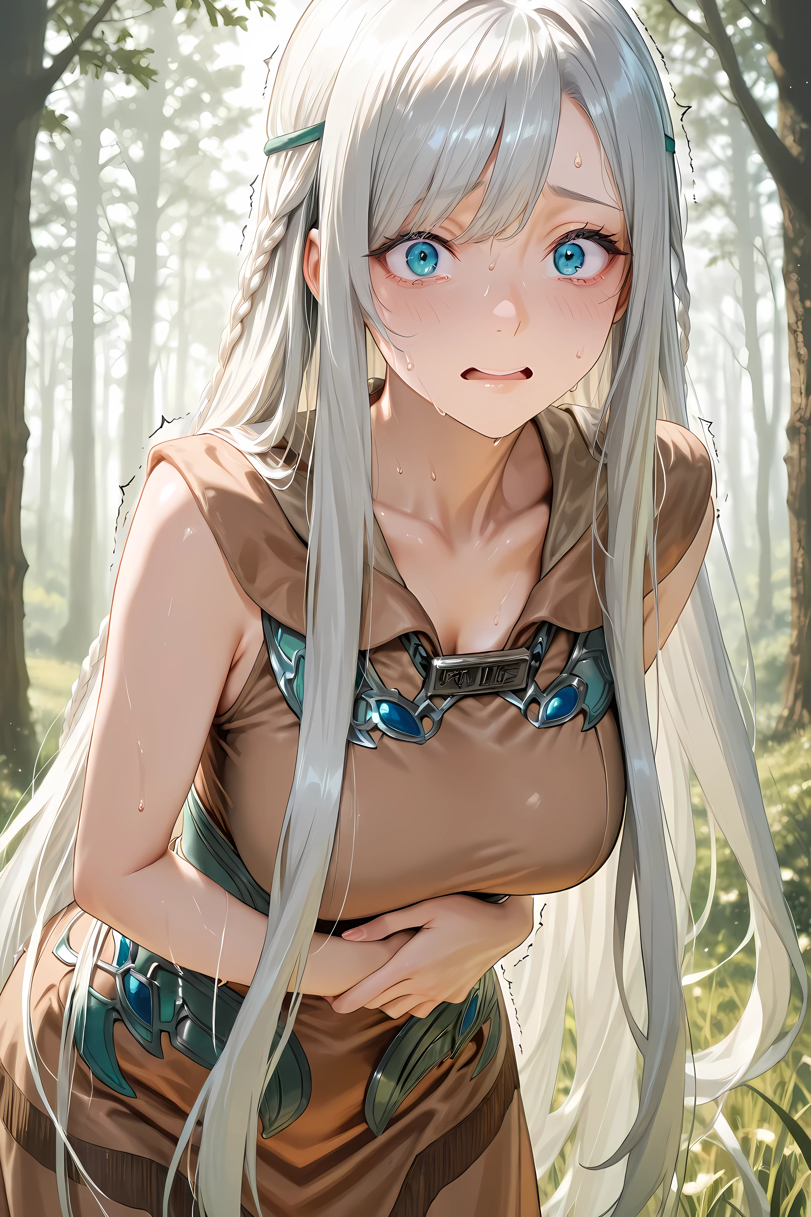 maiden with eyes of blue, brown dress, upper body close up, 

Solo, masterpiece, highres, ultra-detailed, hyper-detailed, best quality,  amazing quality, very aesthetic, best hands, best eyes, best hand
adult woman, 1woman, hand on own stomach, sweat,  slightly leaning forward, nervous, scared, trembling  field, grass field, forest background, sunny sky