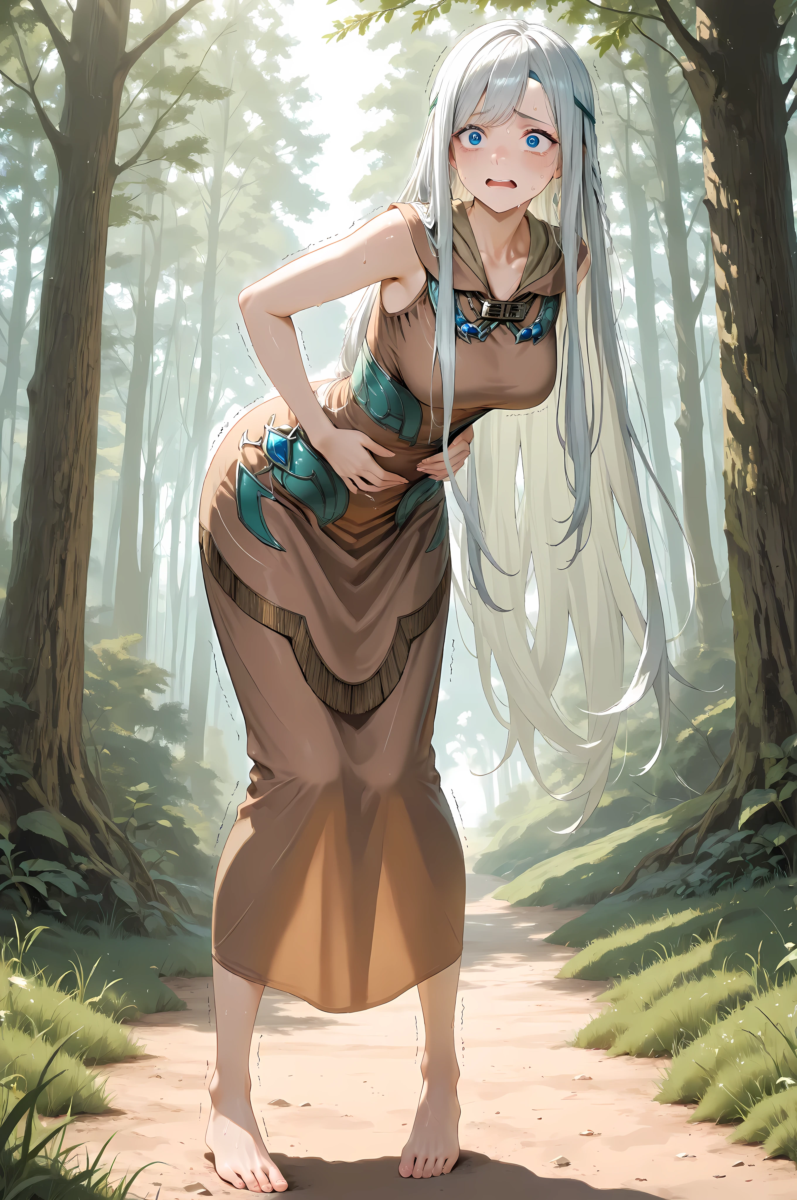 maiden with eyes of blue, brown dress,  foot, 

Solo, masterpiece, highres, ultra-detailed, hyper-detailed, best quality,  amazing quality, very aesthetic, best hands, best eyes, best hand
adult woman, 1woman, hand on own stomach, sweat,  slightly leaning forward, nervous, scared, trembling  field, grass field, forest background, sunny sky