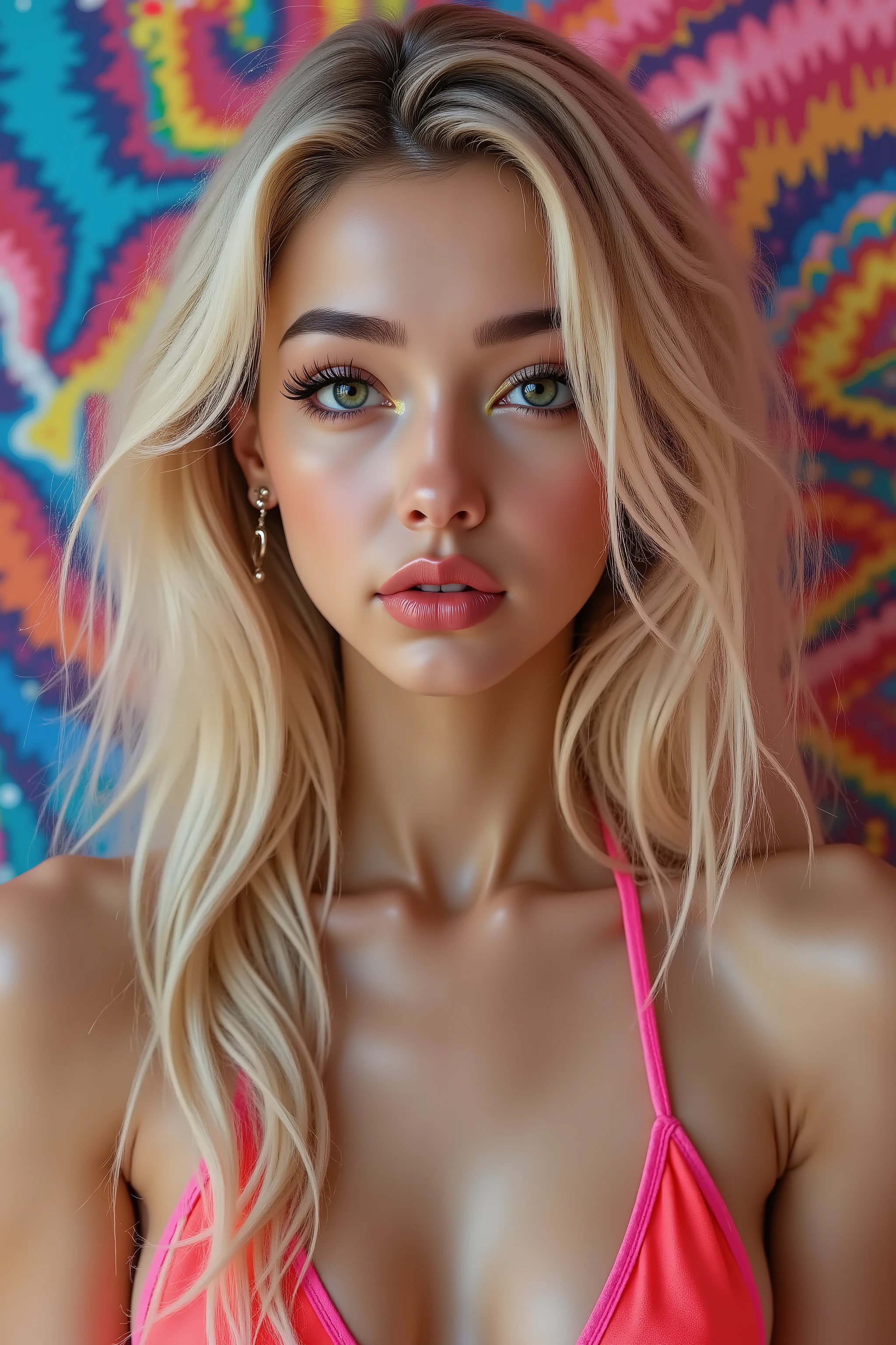  Ultra-realistic (photorealistic Realism), (Key Directive: - ("The priority is the anatomical accuracy and texture of the materials" - "Ultra-sharp human eyes with biological accuracy") {A model japanes girl in swimsuits posing for a photoshoot on psychedelic background}, (ultra realistic texture details: velvety skin, hair), (blonde hair (curly hair)((slicked to one side)), intricately details:1.33), {"long Lashes: individual synthetic fibers (crosshatched roots:1 . 2 , clump-free separation)" - "(Carefully draw Long mascara:1.22)" [perfect dark eyeshadow, pink:1.2][glossy red lipstick:1.3], professional Magic Makeup on eyes:1.3, perfect composition. (Realistic eyes, clear, sharp, absurd quality, not blurry) } "ultra detailsEyes: (acid-resistant terminology) (macro-details:1 . 5): * Moist corneal surface (visible aqueous layer:1 . 2) *{ Ultra-details iris stroma ((brown) with gold flecks)} * Precise limbal ring (slightly darker pigmentation:1 . 22) * Pupil micro-texture (irregular edge authenticity:0 . 9) * Vasculature in sclera (subtle red veins radiating from limbus)" Technical Specs: (Optics: - "Zeiss Otus85mm f/1 . 4 lens (eye refraction calculations:1 . 3)" - "Shutter Speed:1/500 (freeze eye micro-movements)" - "Focus Stacking:7-point coverage on iris plane") Post-Processing: - "Frequency separation for skin vs eye details" - "Selective sharpening: eyes170% , hair150%" - "Denoise: luminance20 , color35 (retain corneal speculars)" (Avoid: "pupil distortion , uncanny valley asymmetry , plastic-like ), (skinny body build),(Sleeveless, beautiful PVC: 1.2), ((Micro Sling swimsuit:1.2)), (wear Micro Sling made of (Sparkly neon), PVC: 1.25),