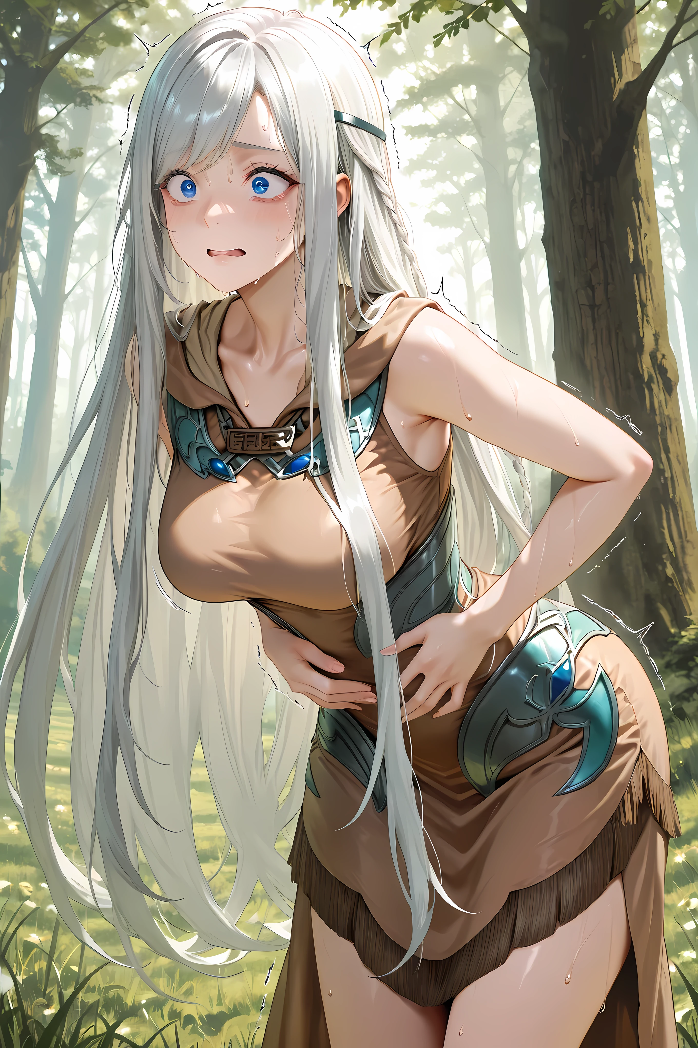 maiden with eyes of blue, brown dress, cowboy shot, 

Solo, masterpiece, highres, ultra-detailed, hyper-detailed, best quality,  amazing quality, very aesthetic, best hands, best eyes, best hand
adult woman, 1woman, hand on own stomach, sweat,  slightly leaning forward, nervous, scared, trembling  field, grass field, forest background, sunny sky