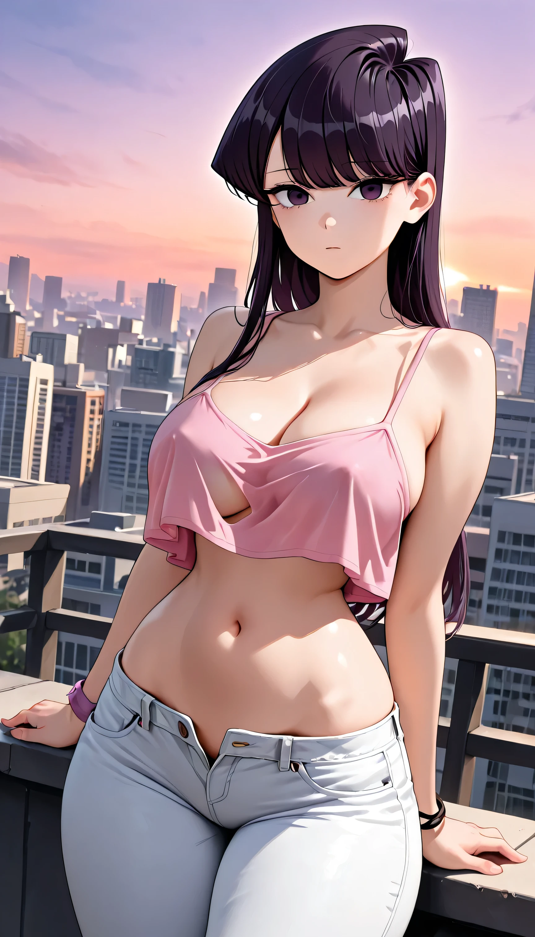 1girl, large breasts, wide hips, small waist, thick thighs, expressionless, Komi Shouko, purple eyes, bright eyes, blunt bangs, long hair, Komi Shouko (Komi Can't Communicate), purple hair, bare shoulders, cleavage, hair between the eyes, bracelets, pink camisole, white jeans, midriff, open fly, lowleg jeans, outdoors, city, dusk, upper body shot, looking at viewer, areola slip, overhang, floating camisole, loose top, underboob,